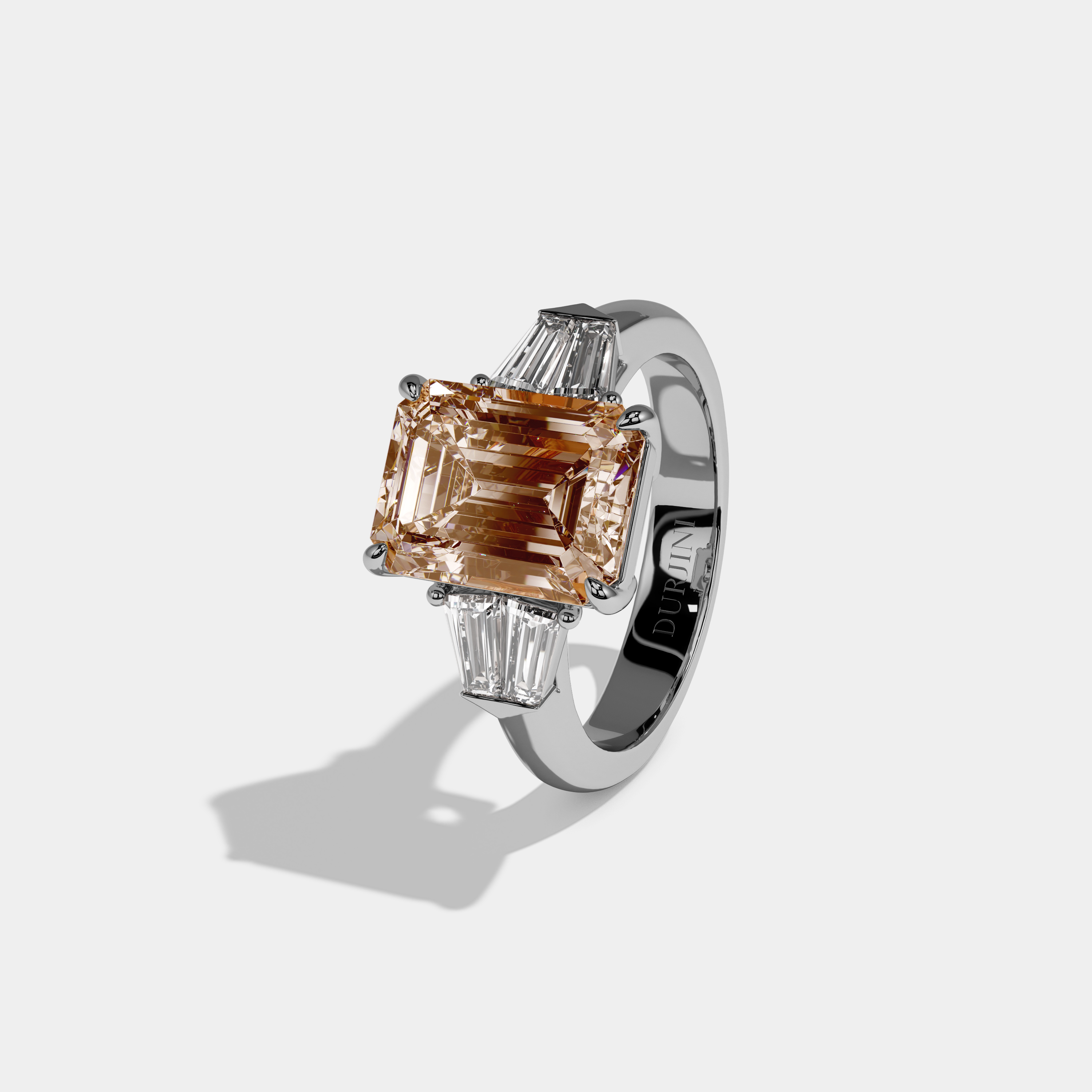 Louisa Fancy Champagne Brown Emerald Cut Diamond Plain Band With Baguette Sides Engagement Ring 6ct 18K White Gold