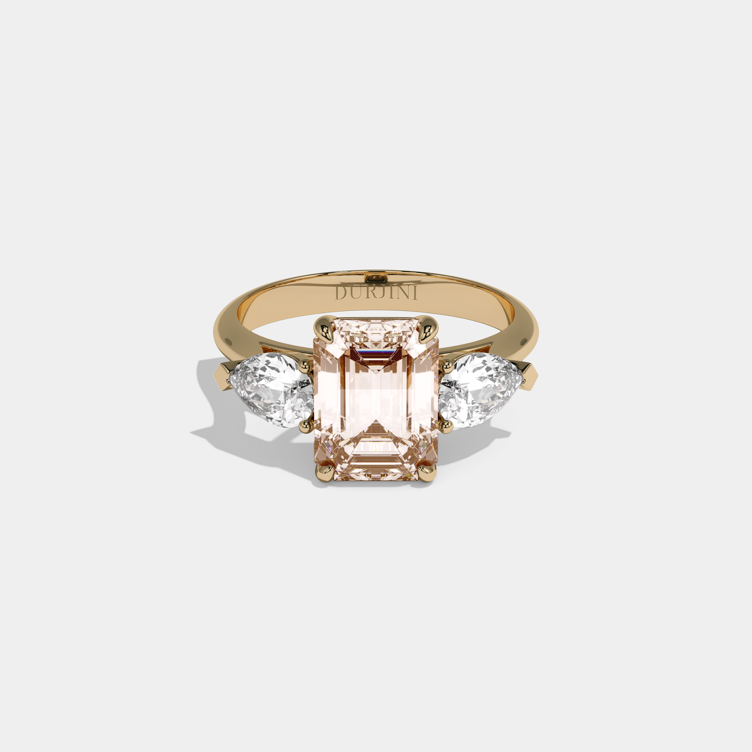 Henrietta Fancy Champagne Brown Emerald Cut Diamond Plain Band With Pear Cut Sides Engagement Ring 6ct 18K Yellow Gold