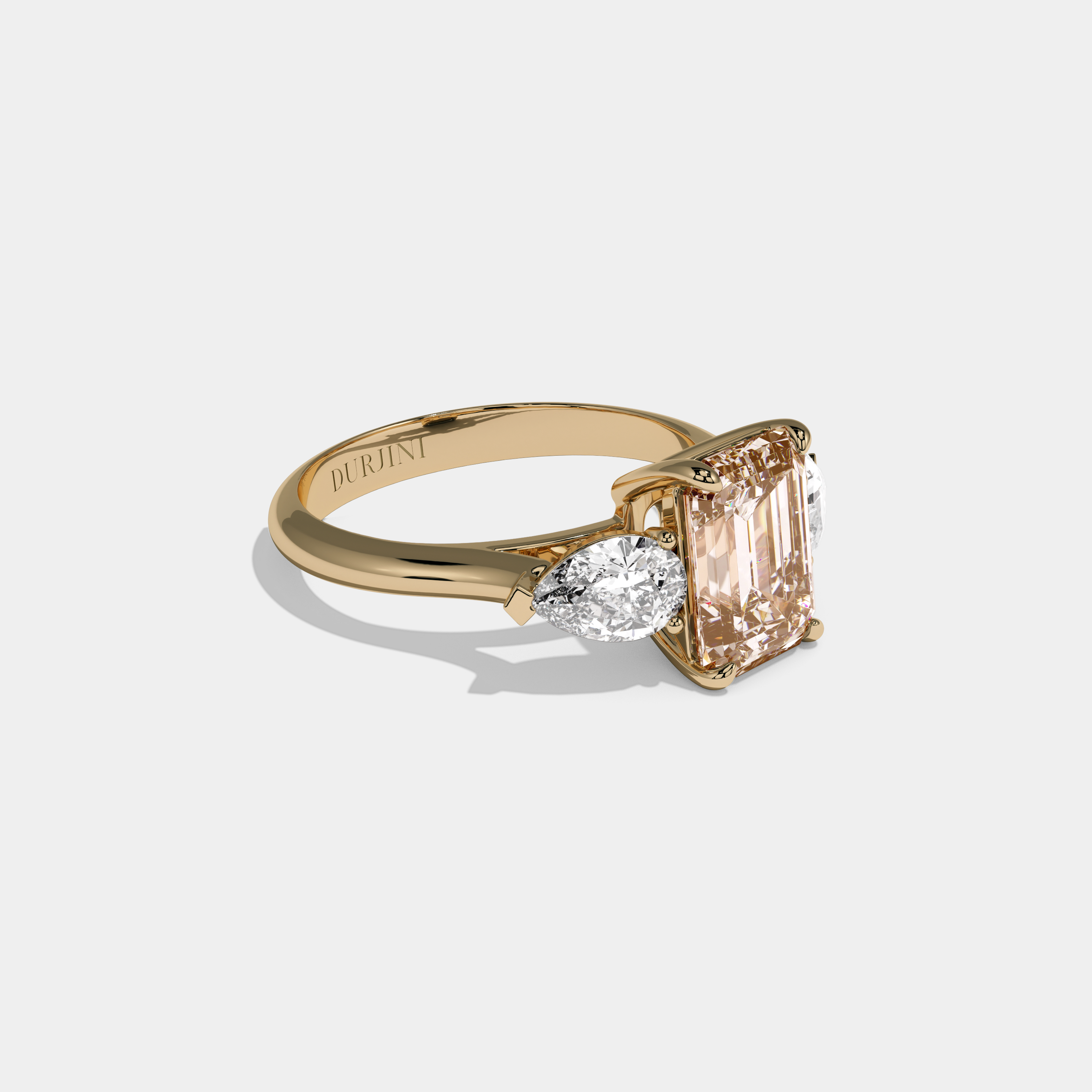 Henrietta Fancy Champagne Brown Emerald Cut Diamond Plain Band With Pear Cut Sides Engagement Ring 6ct 18K Yellow Gold