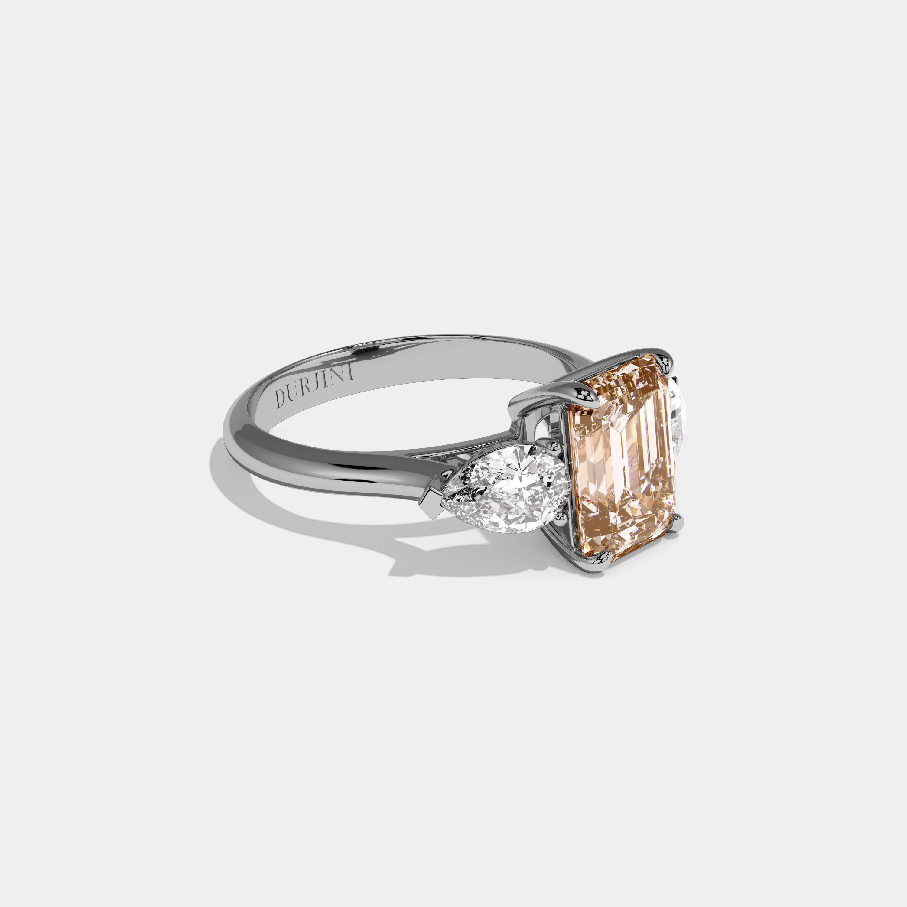 Dorothea Fancy Champagne Brown Emerald Cut Diamond Plain Band With Pear Cut Sides Engagement Ring 6ct 18K White Gold