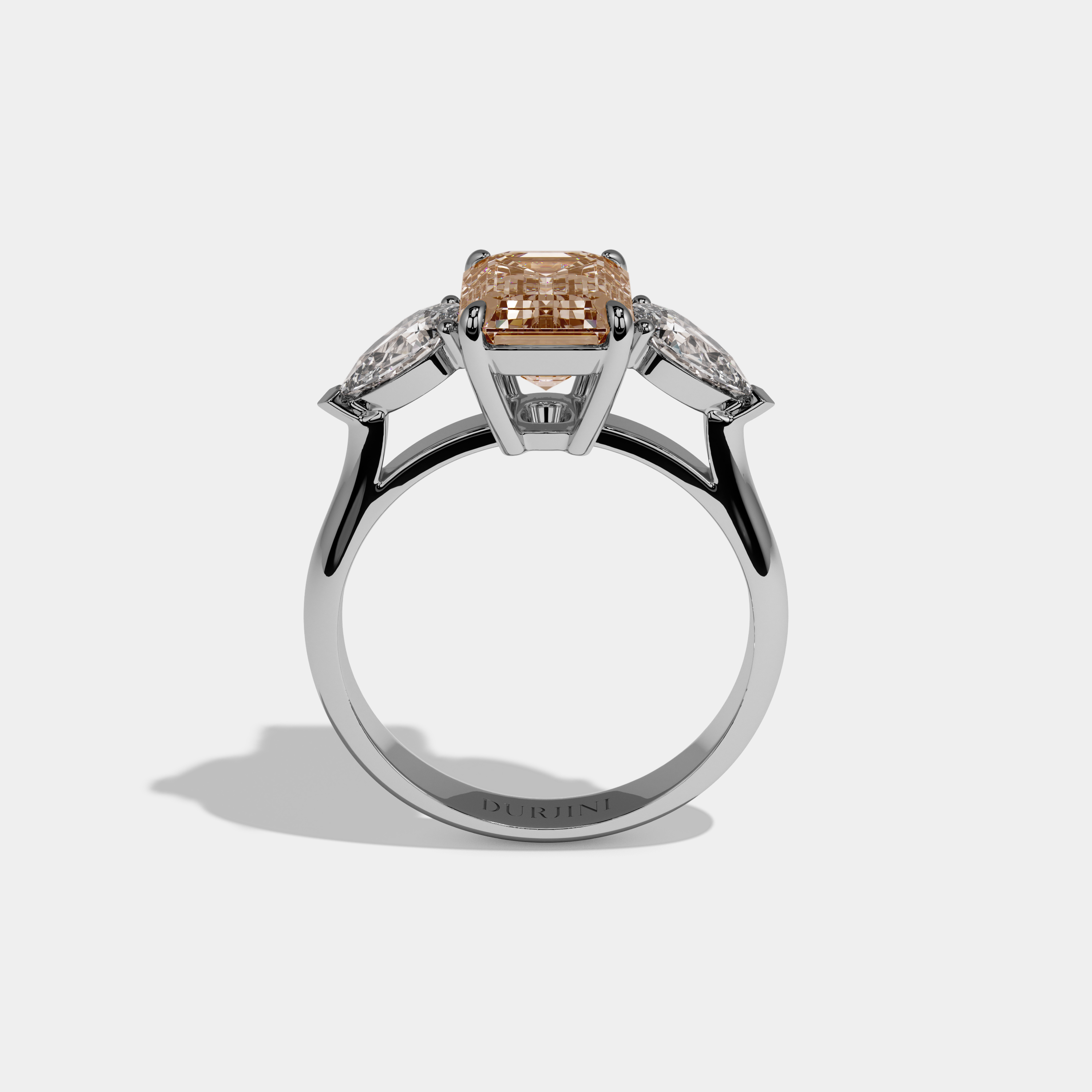 Dorothea Fancy Champagne Brown Emerald Cut Diamond Plain Band With Pear Cut Sides Engagement Ring 6ct 18K White Gold