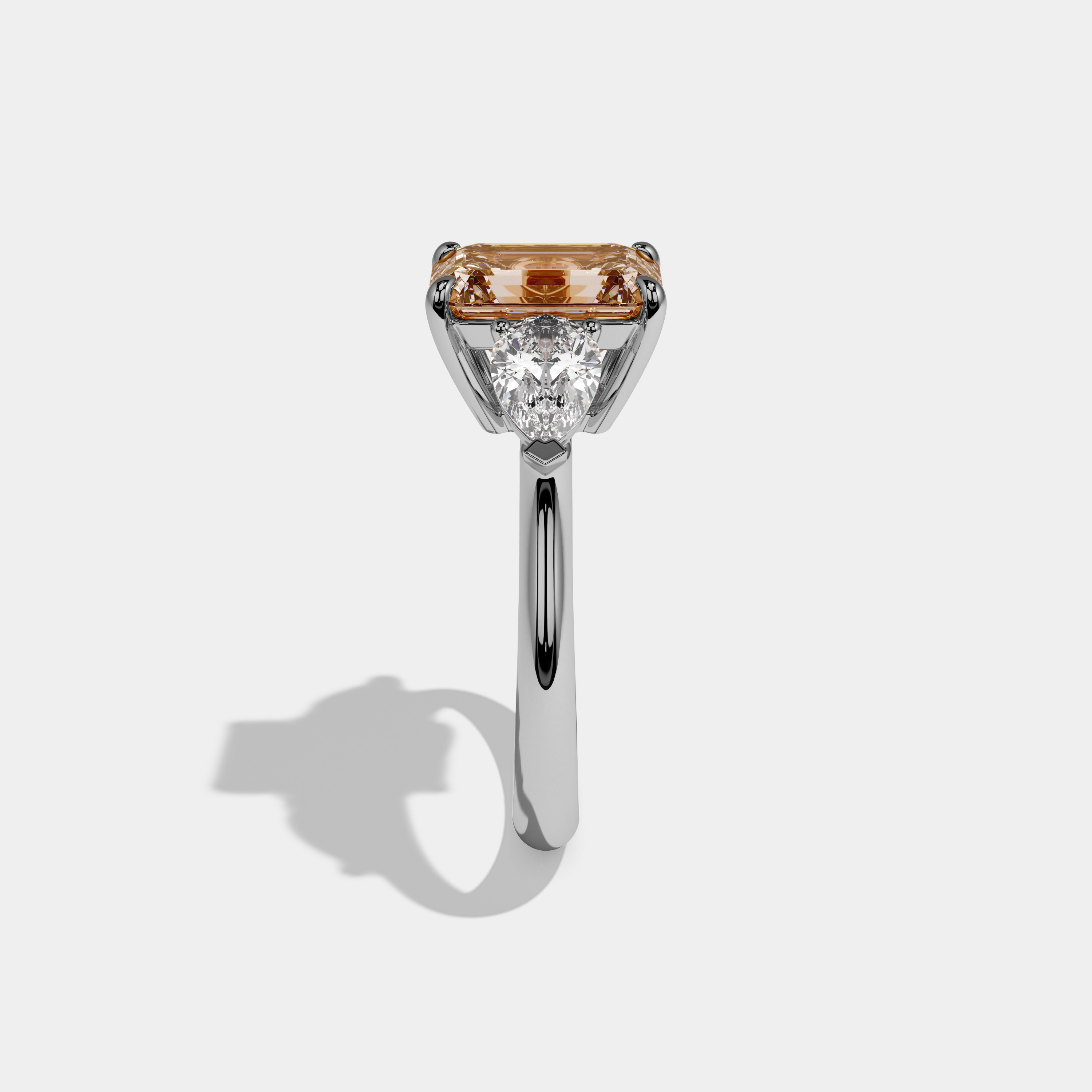 Dorothea Fancy Champagne Brown Emerald Cut Diamond Plain Band With Pear Cut Sides Engagement Ring 6ct 18K White Gold