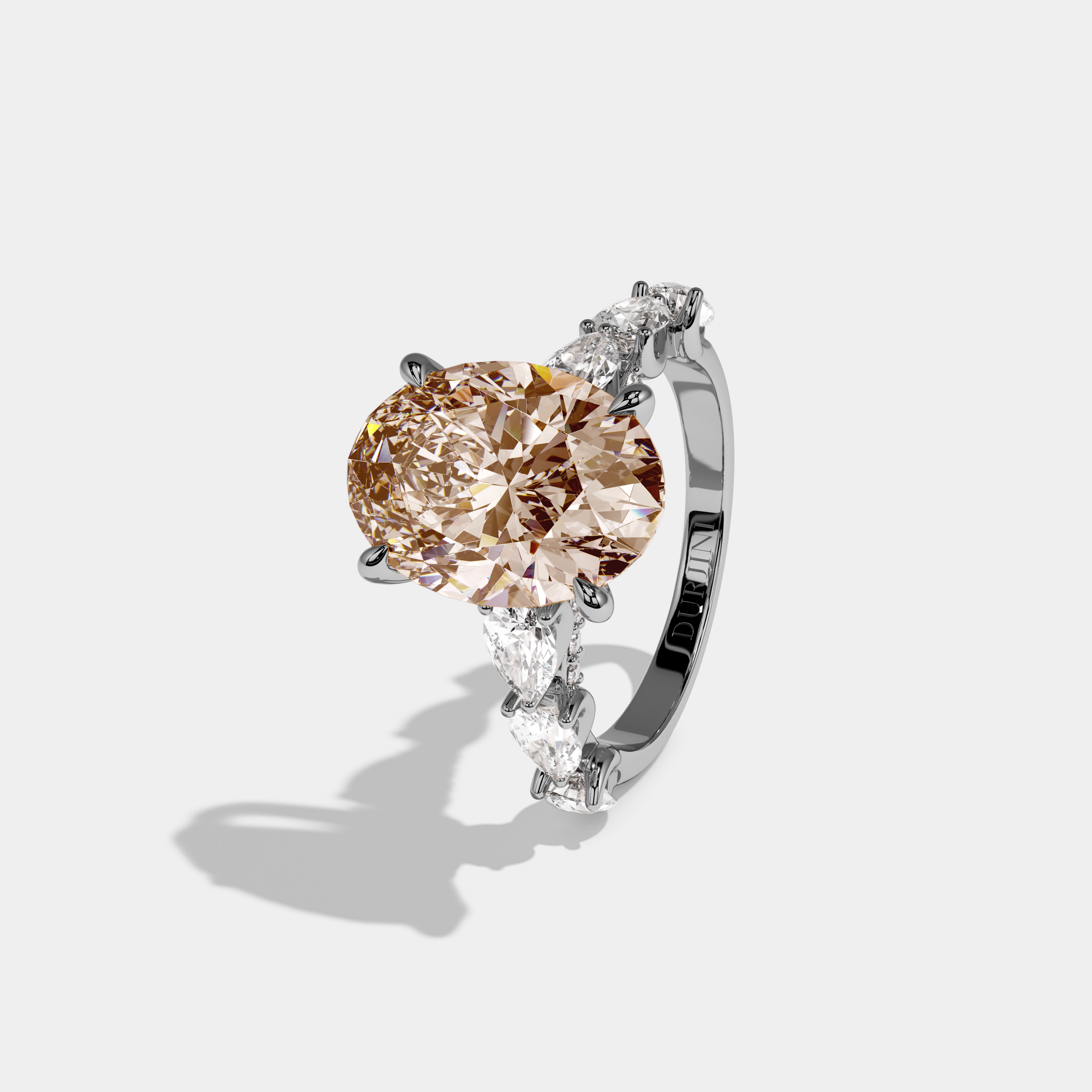 Beatrice Fancy Champagne Brown Oval Cut Diamond Band With Pear Cuts Engagement Ring 6ct 18K White Gold