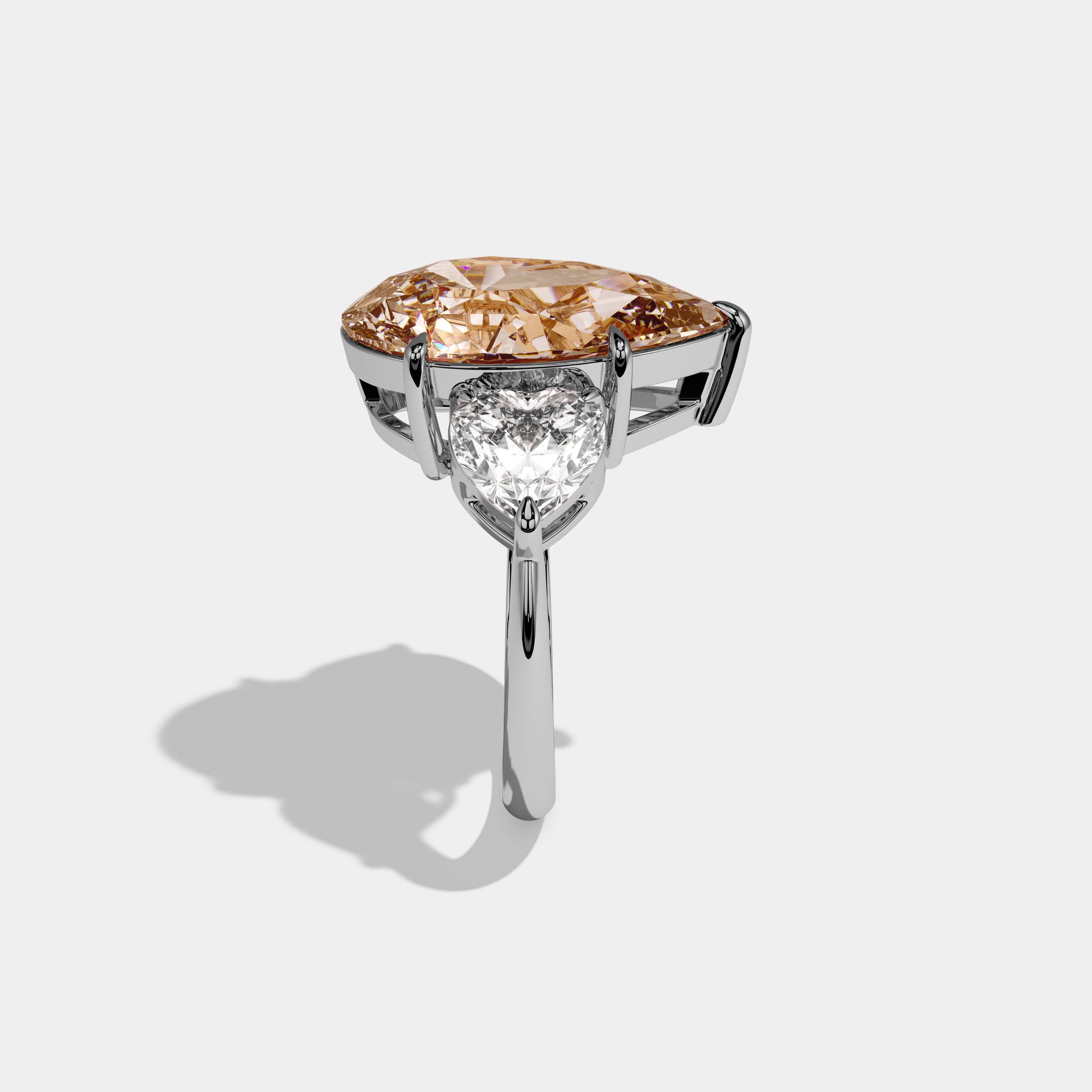 Beatrice Fancy Champagne Brown Pear Cut Diamond Plain Band With Heart Cut Sides Engagement Ring 6ct 18K White Gold