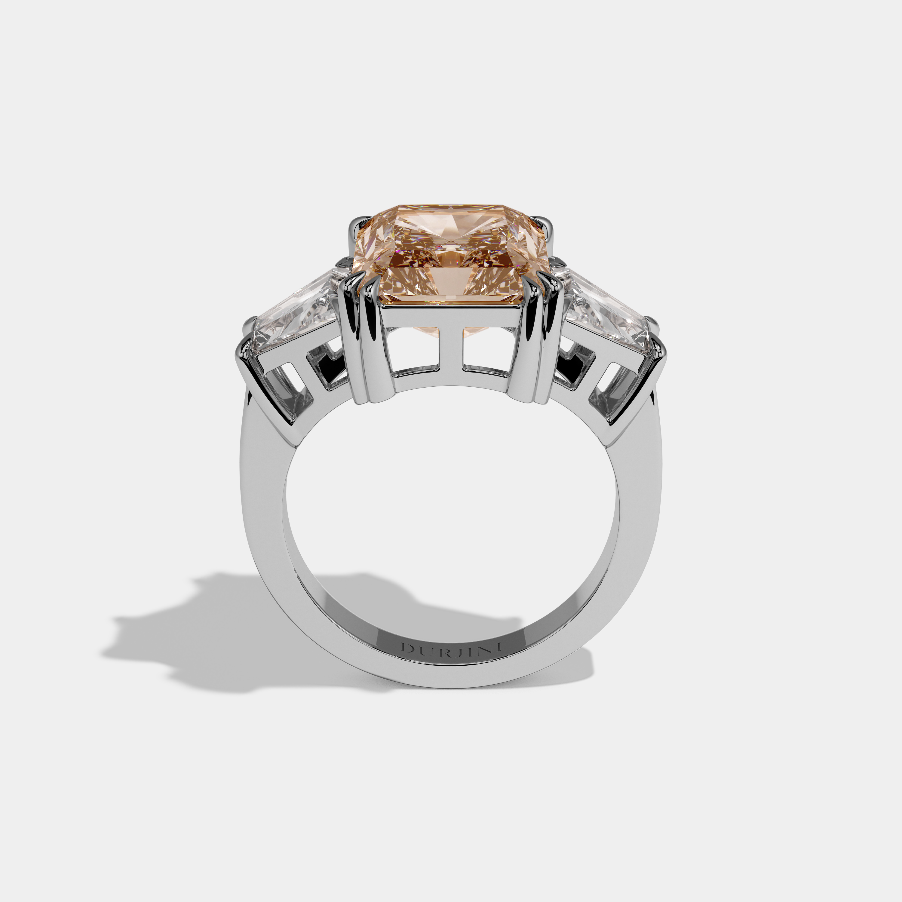 Catherine Fancy Champagne Brown Radiant Cut Diamond Plain Band With Trapezoid Sides Engagement Ring 7ct 18K White Gold