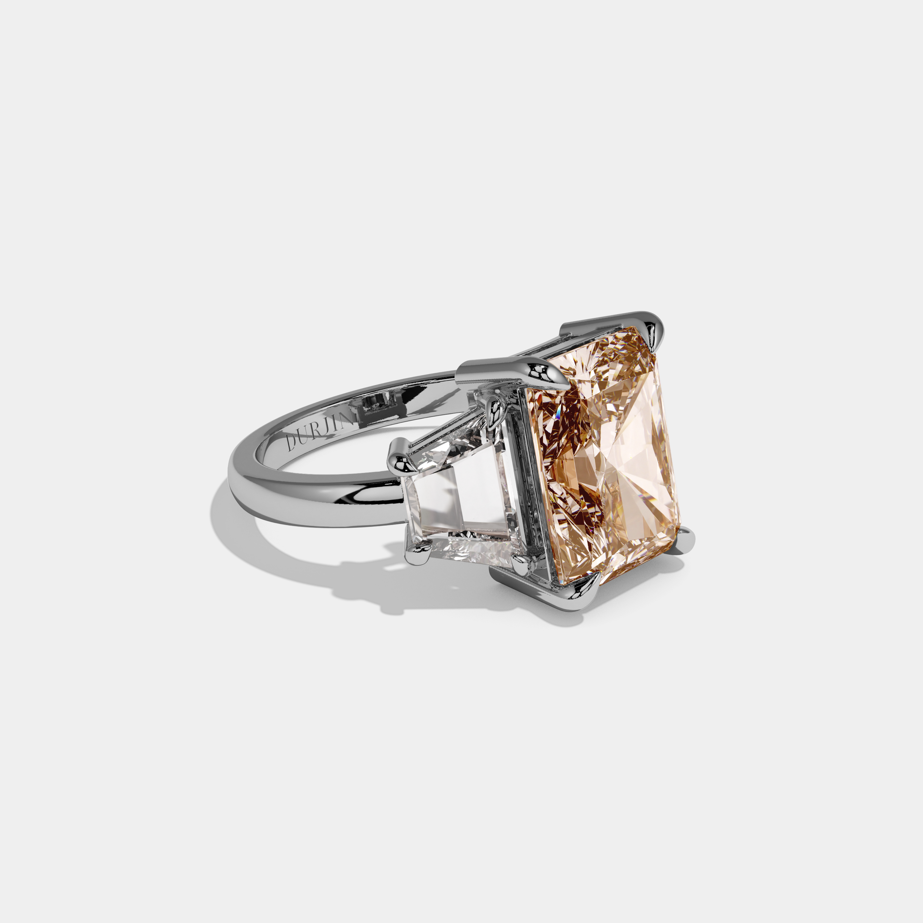 Eugenie Fancy Champagne Brown Radiant Cut Diamond Plain Band With Step Cut Sides Engagement Ring 8ct 18K White Gold