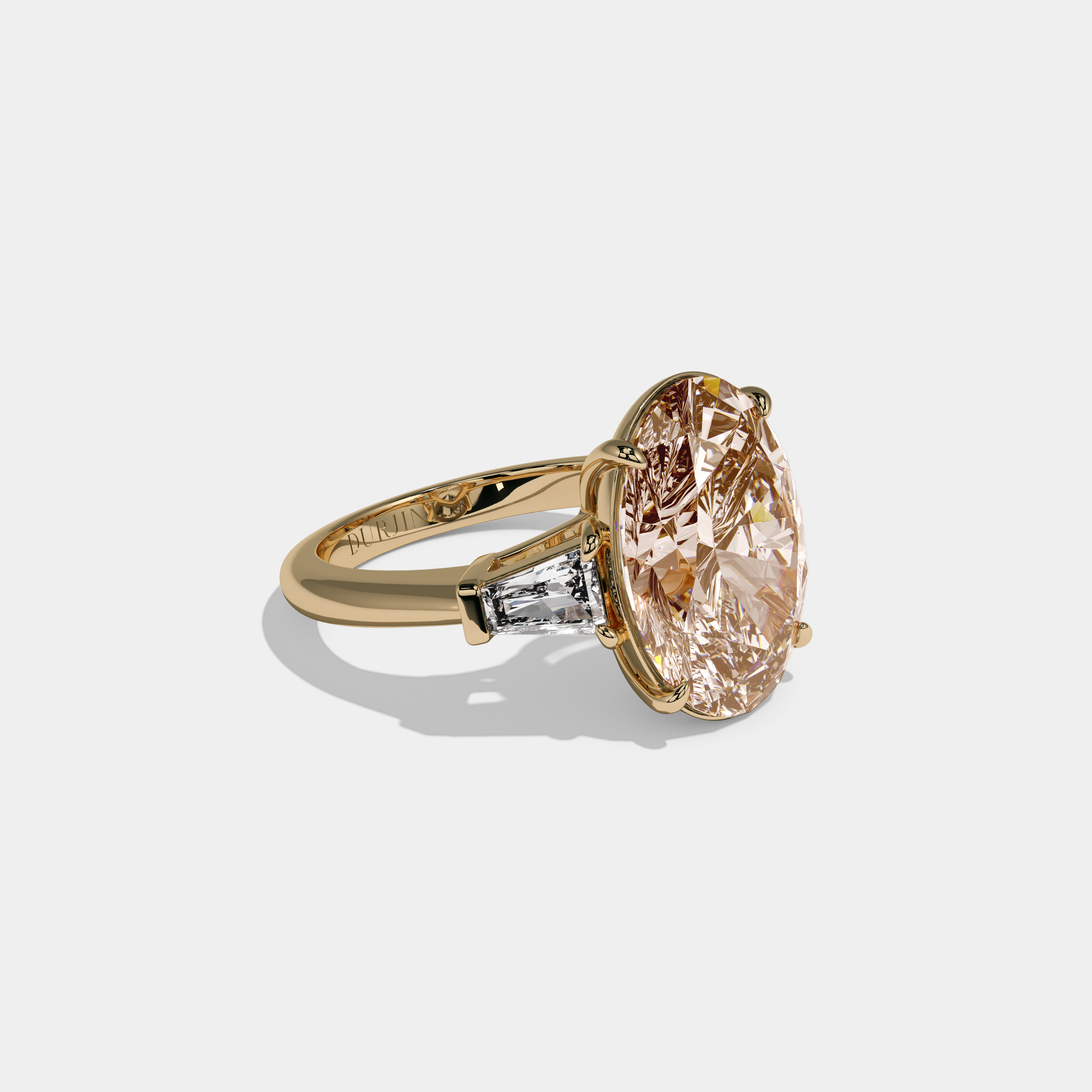 Augusta Fancy Champagne Brown Oval Cut Diamond Plain Band With Tapered Baguette Cut Sides Engagement Ring 8ct 18K Yellow Gold