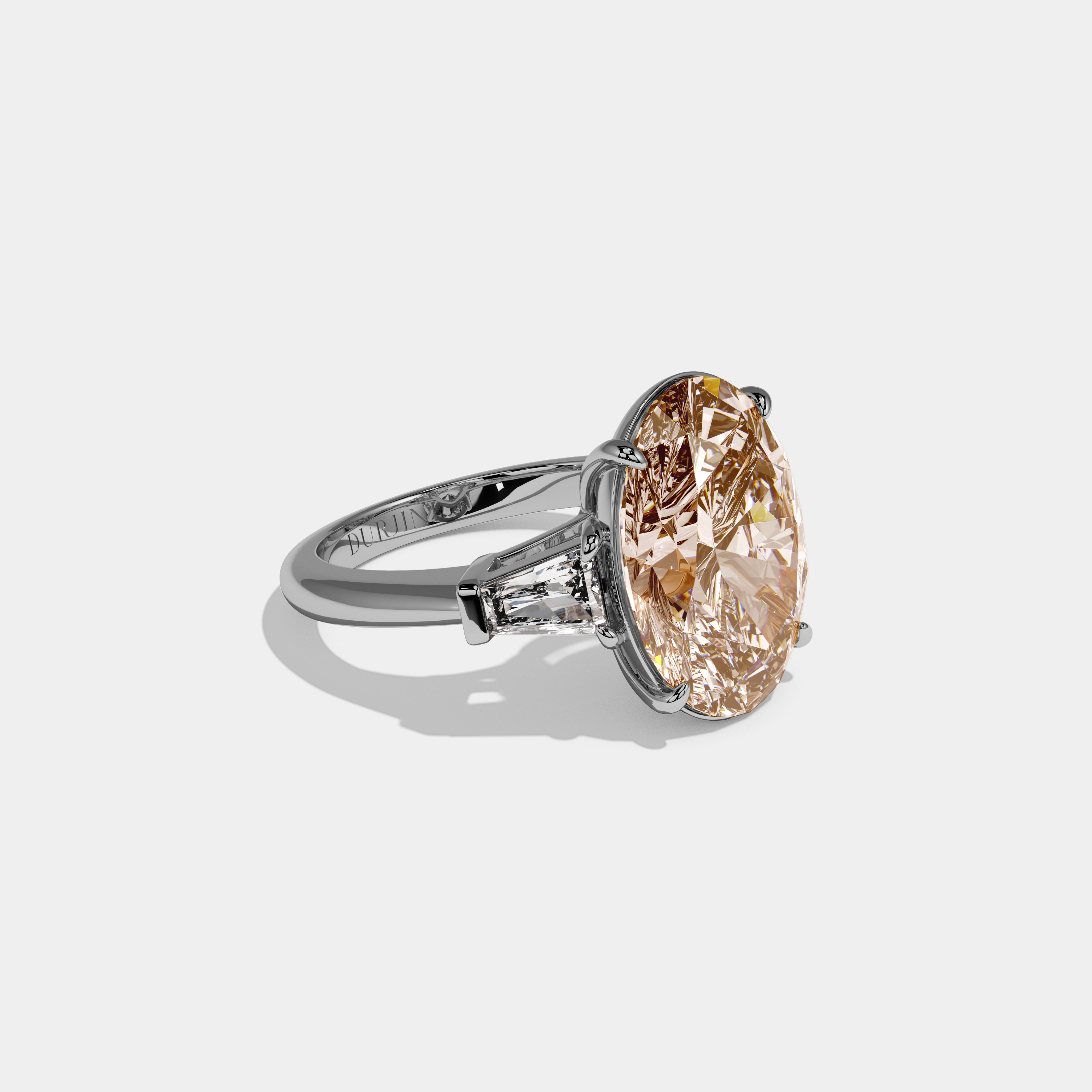 Margaret Fancy Champagne Brown Oval Cut Diamond Plain Band With Tapered Baguette Cut Sides Engagement Ring 8ct 18K White Gold