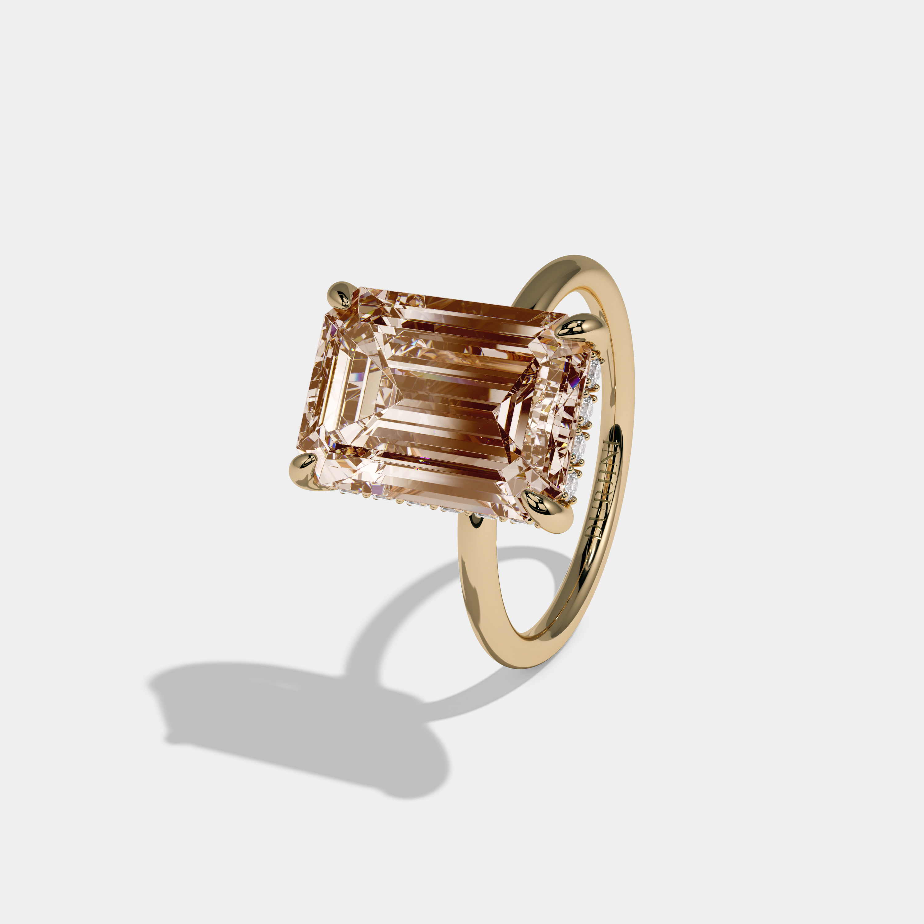 Louisa Fancy Champagne Brown Emerald Brilliant Cut Diamond Plain Band With Hidden Halo 6.5ct 18K Yellow Gold