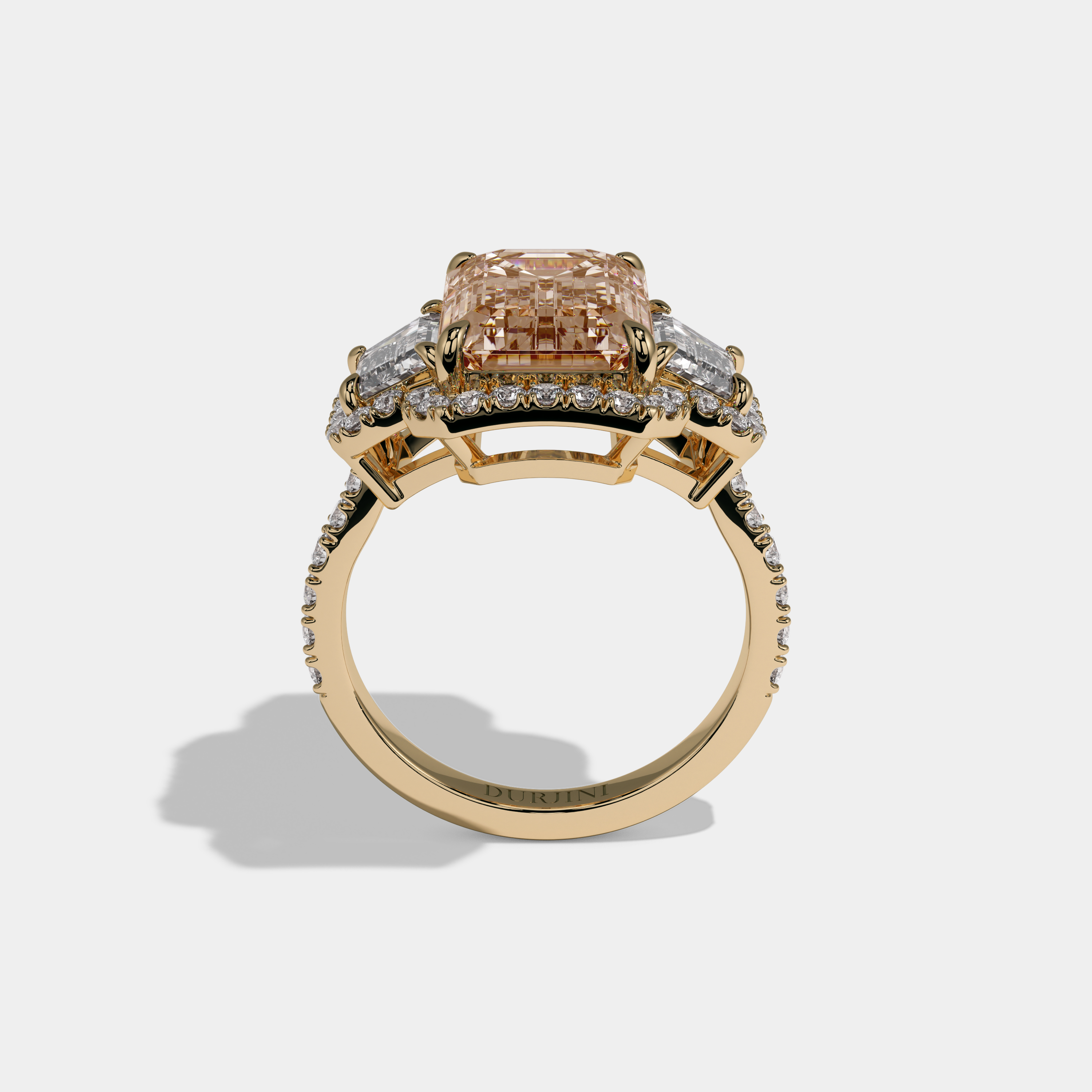 Louisa Fancy Champagne Brown Emerald Cut Diamond Band With Halo Engagement Ring 8ct 18K Yellow Gold