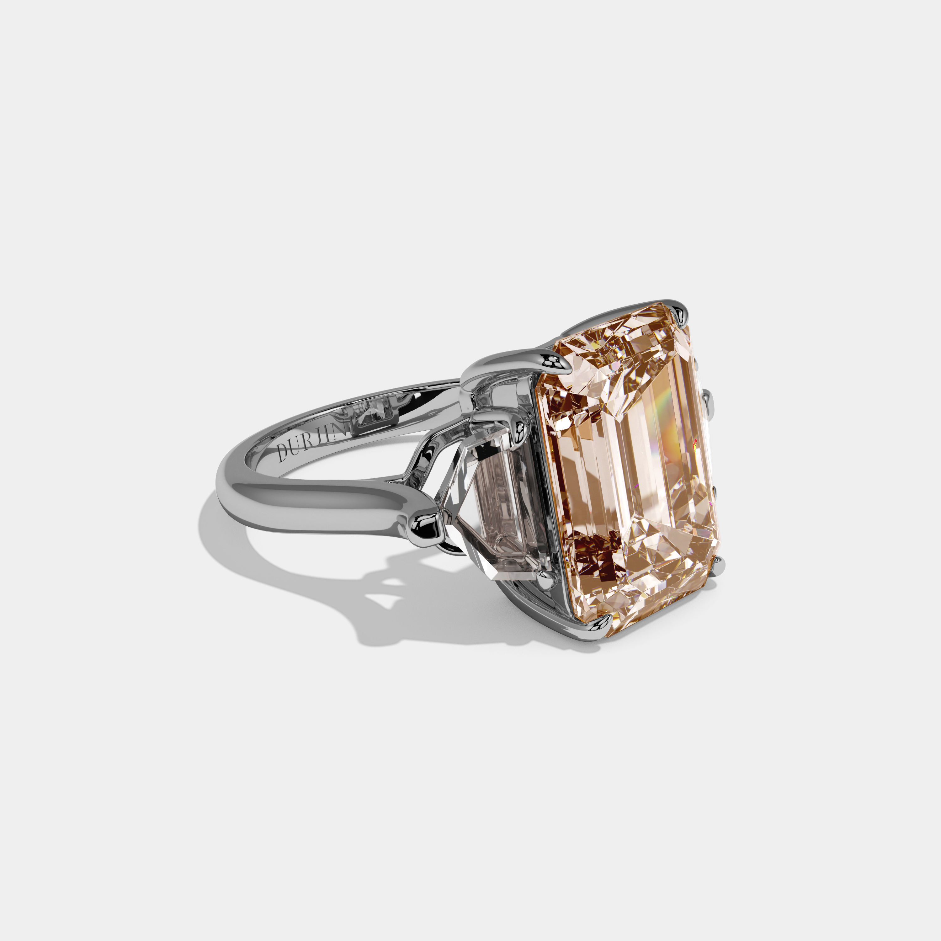 Augusta Fancy Champagne Brown Emerald Cut Diamond Plain Band Engagement Ring With Pentagon Sides 9ct 18K White Gold