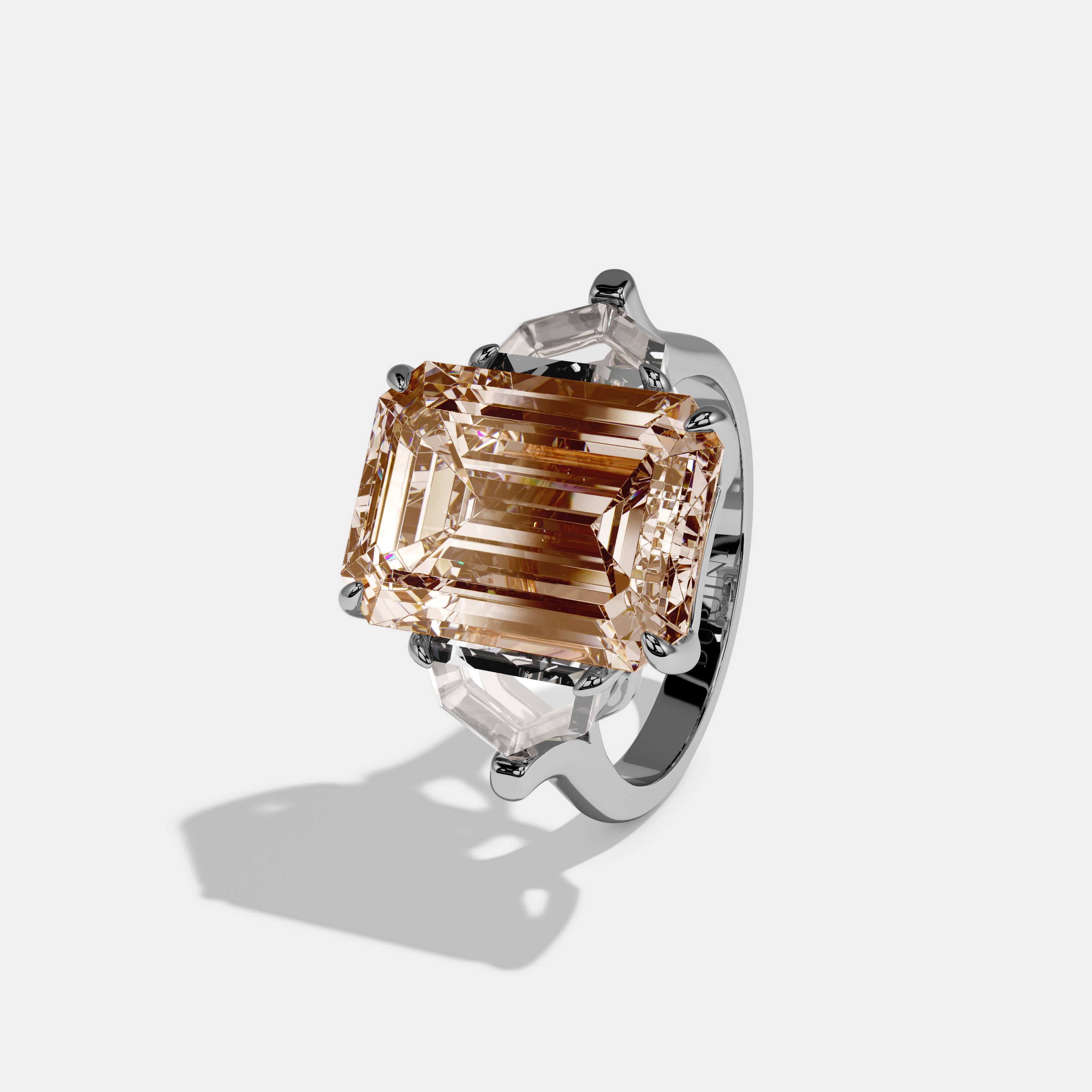 Augusta Fancy Champagne Brown Emerald Cut Diamond Plain Band Engagement Ring With Pentagon Sides 9ct 18K White Gold