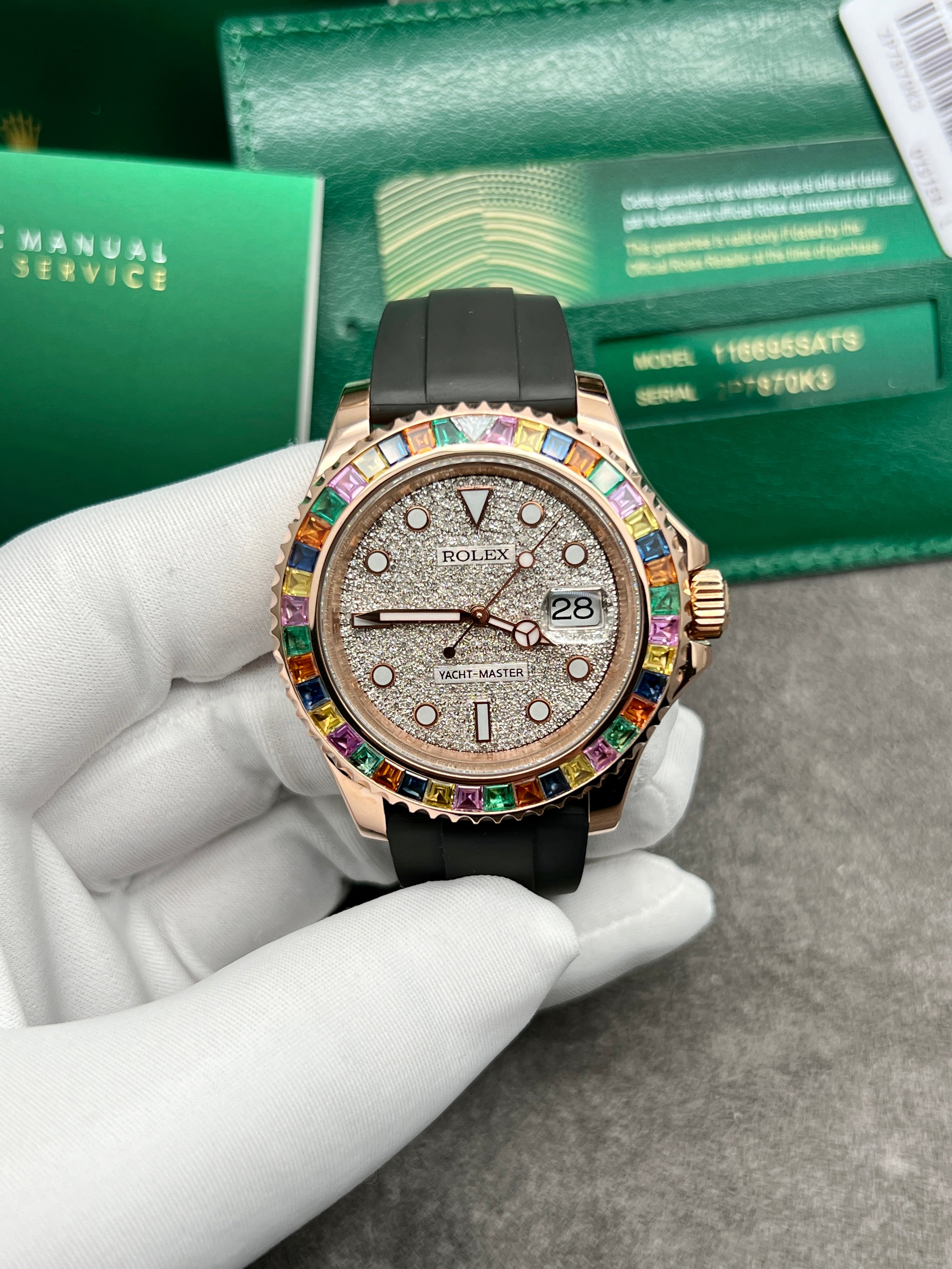 Rolex Yacht-Master Rose Gold 40 126655 Custom Rainbow Bezel Pave Diamond Dial Box&Paperwork