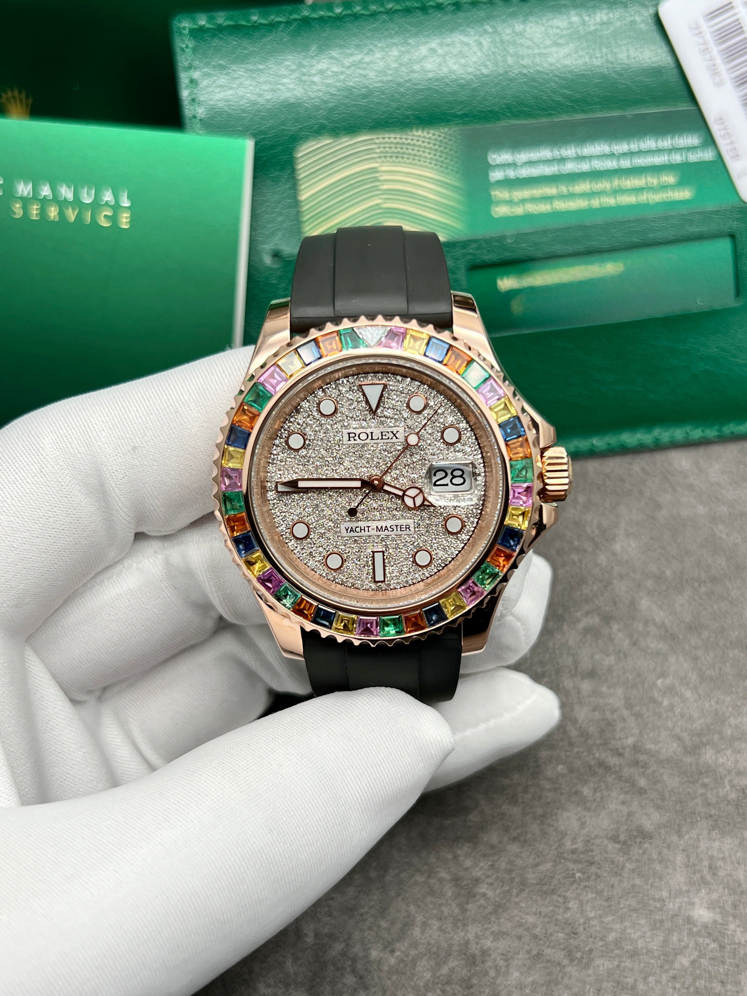 Rolex Yacht-Master Rose Gold 40 126655 Custom Rainbow Bezel Pave Diamond Dial Box&Paperwork