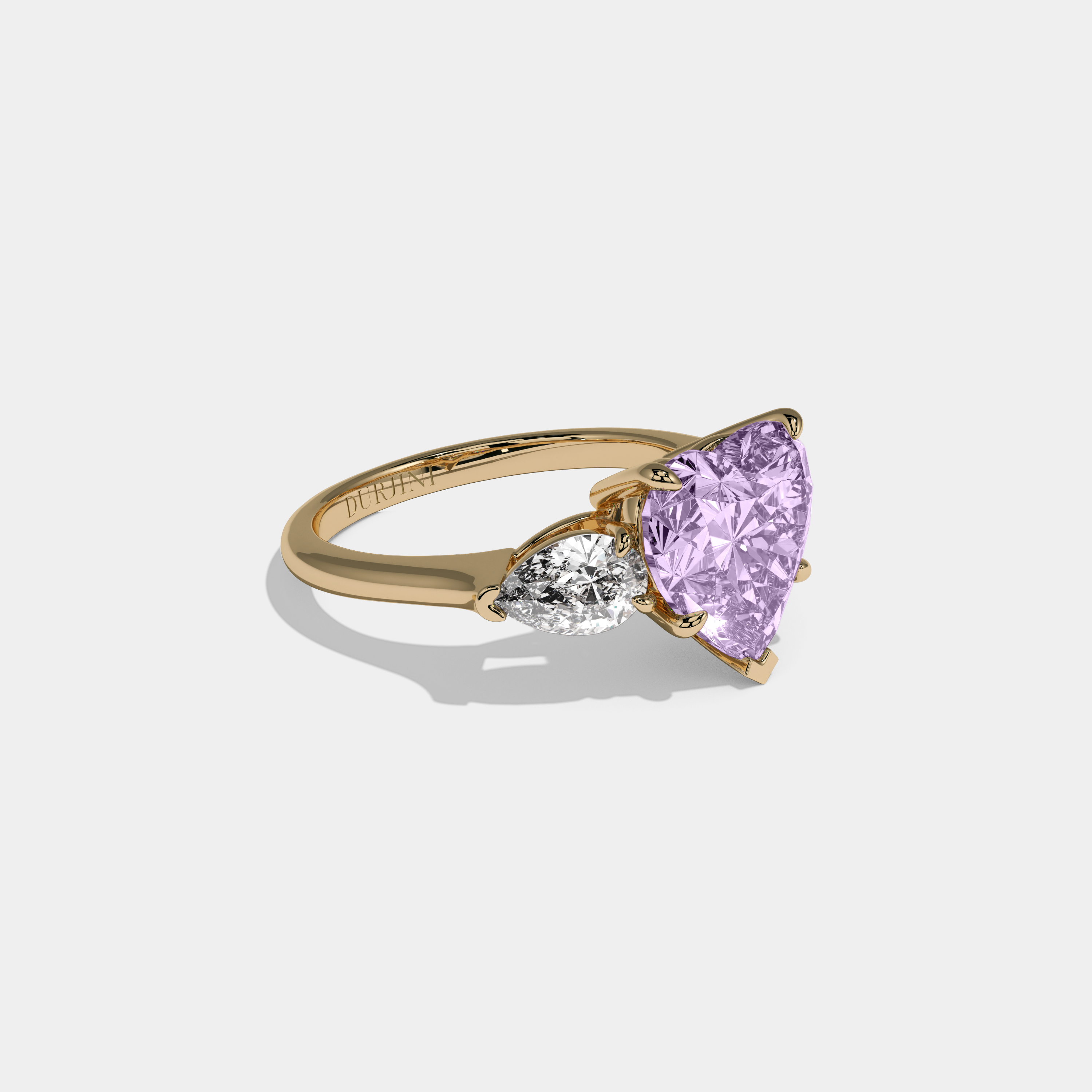 Eugenie Fancy Purple Heart Cut Diamond Plain Band With Pear Cut Sides Engagement Ring 8ct 18K Yellow Gold