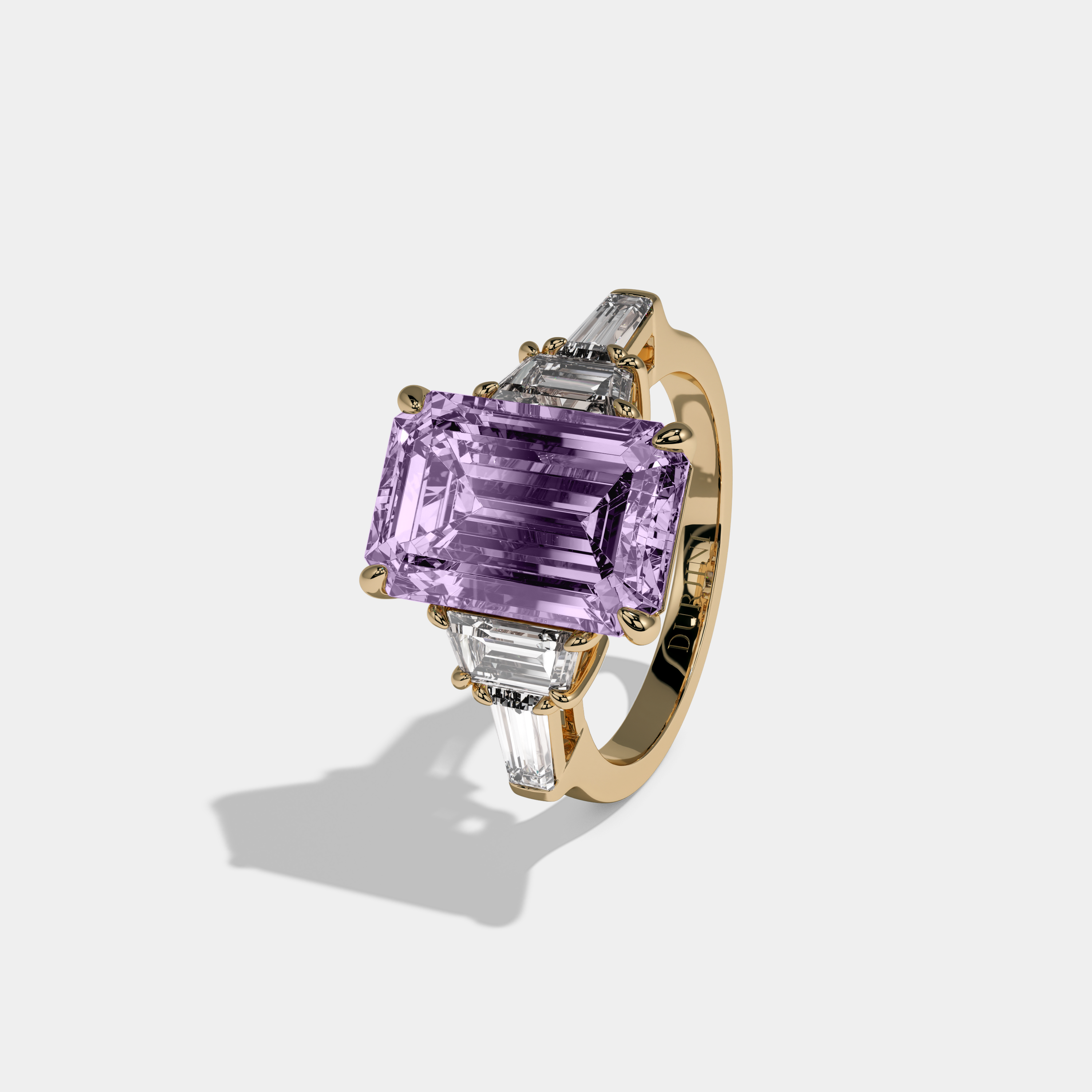 Eugenie Fancy Purple Emerald Cut Diamond Plain Band With Step Cut Sides Engagement Ring 8ct 18K Yellow Gold