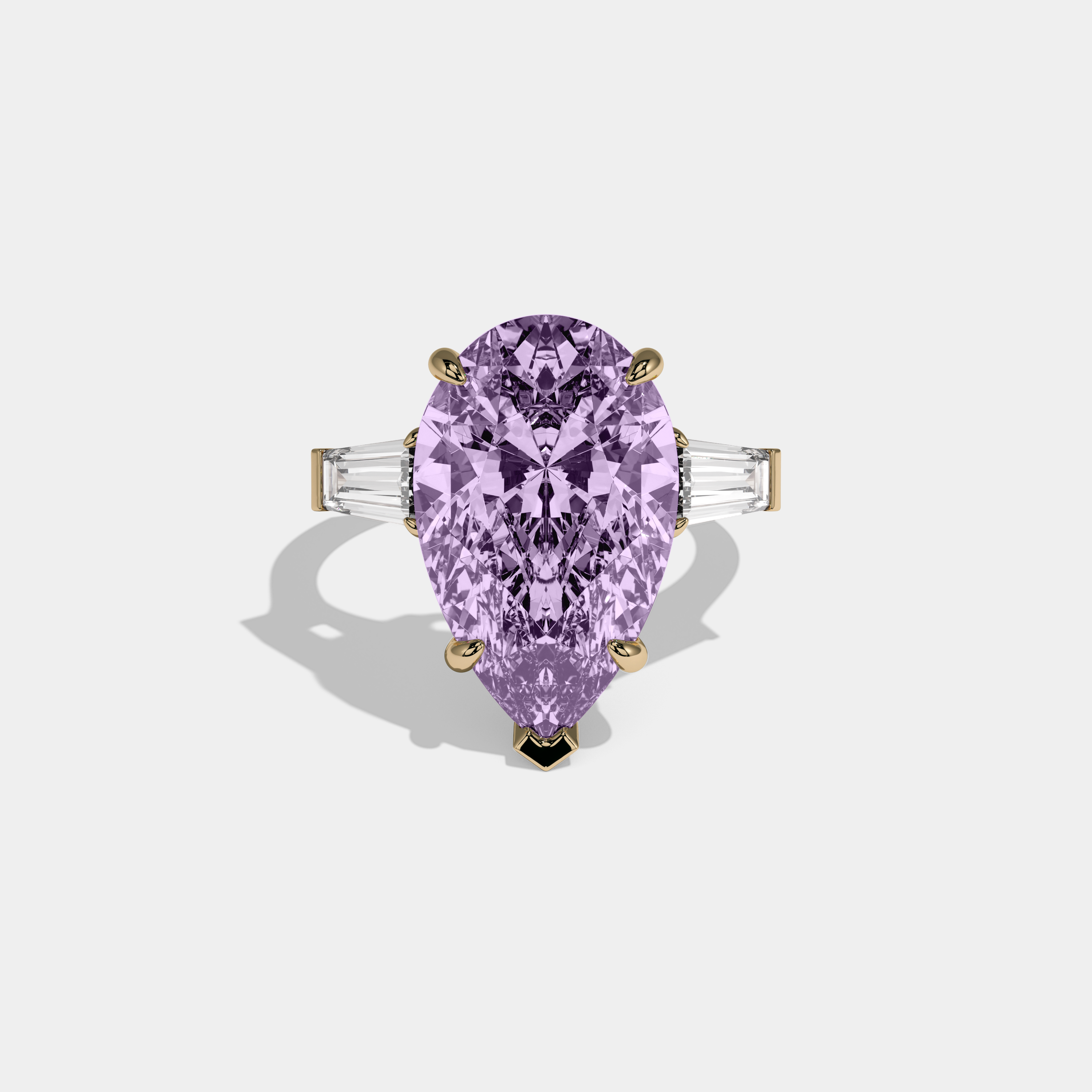 Margaret Fancy Purple Pear Cut Diamond Plain Band With Baguette Cut Sides Engagement Ring 8ct 18k Yellow Gold
