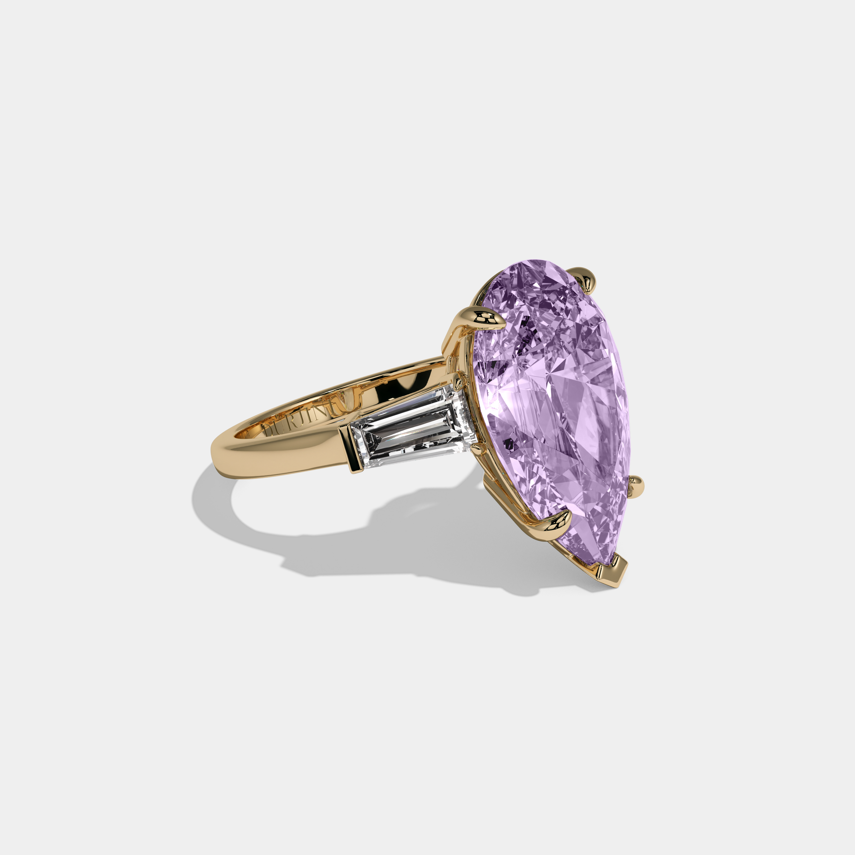 Margaret Fancy Purple Pear Cut Diamond Plain Band With Baguette Cut Sides Engagement Ring 8ct 18k Yellow Gold