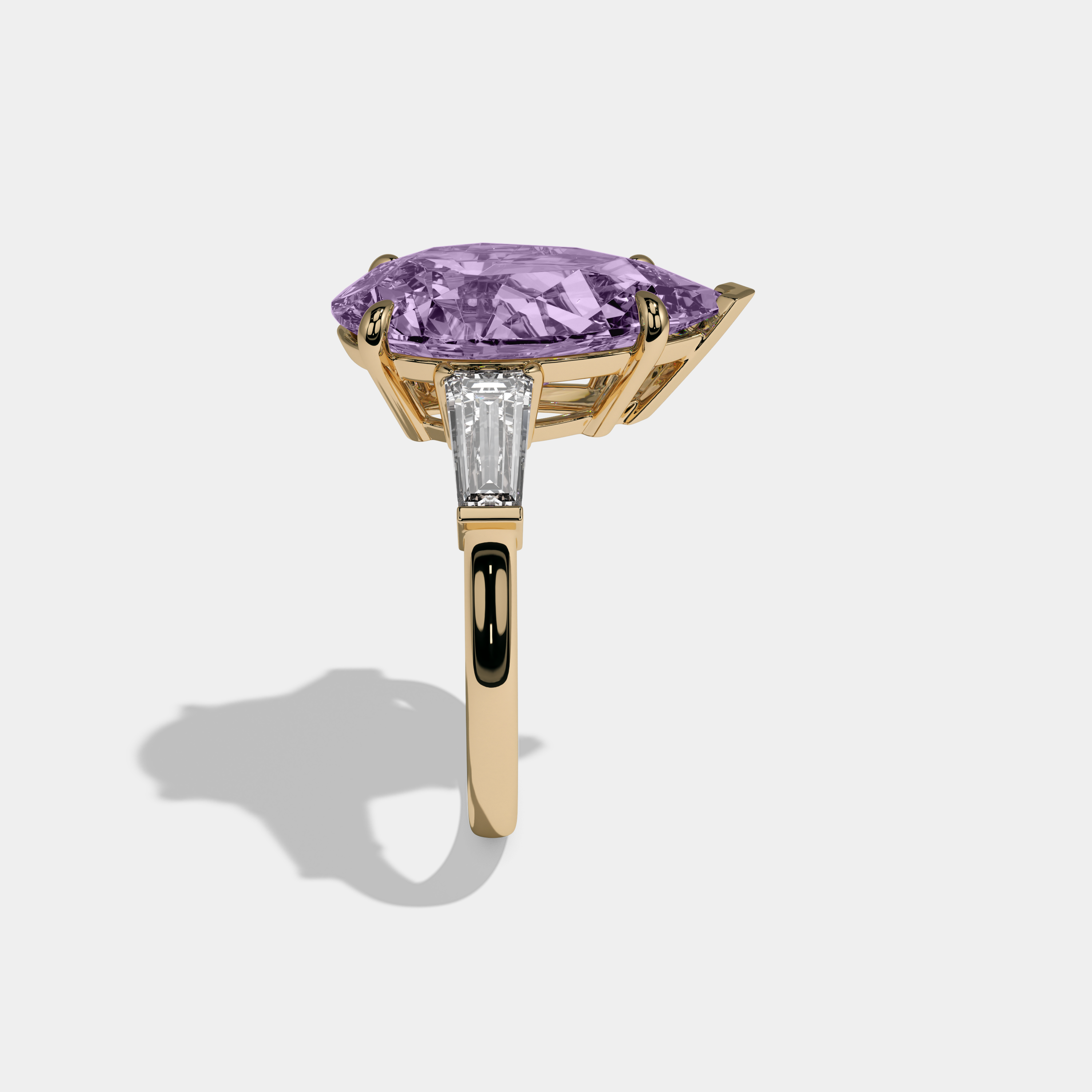 Margaret Fancy Purple Pear Cut Diamond Plain Band With Baguette Cut Sides Engagement Ring 8ct 18k Yellow Gold