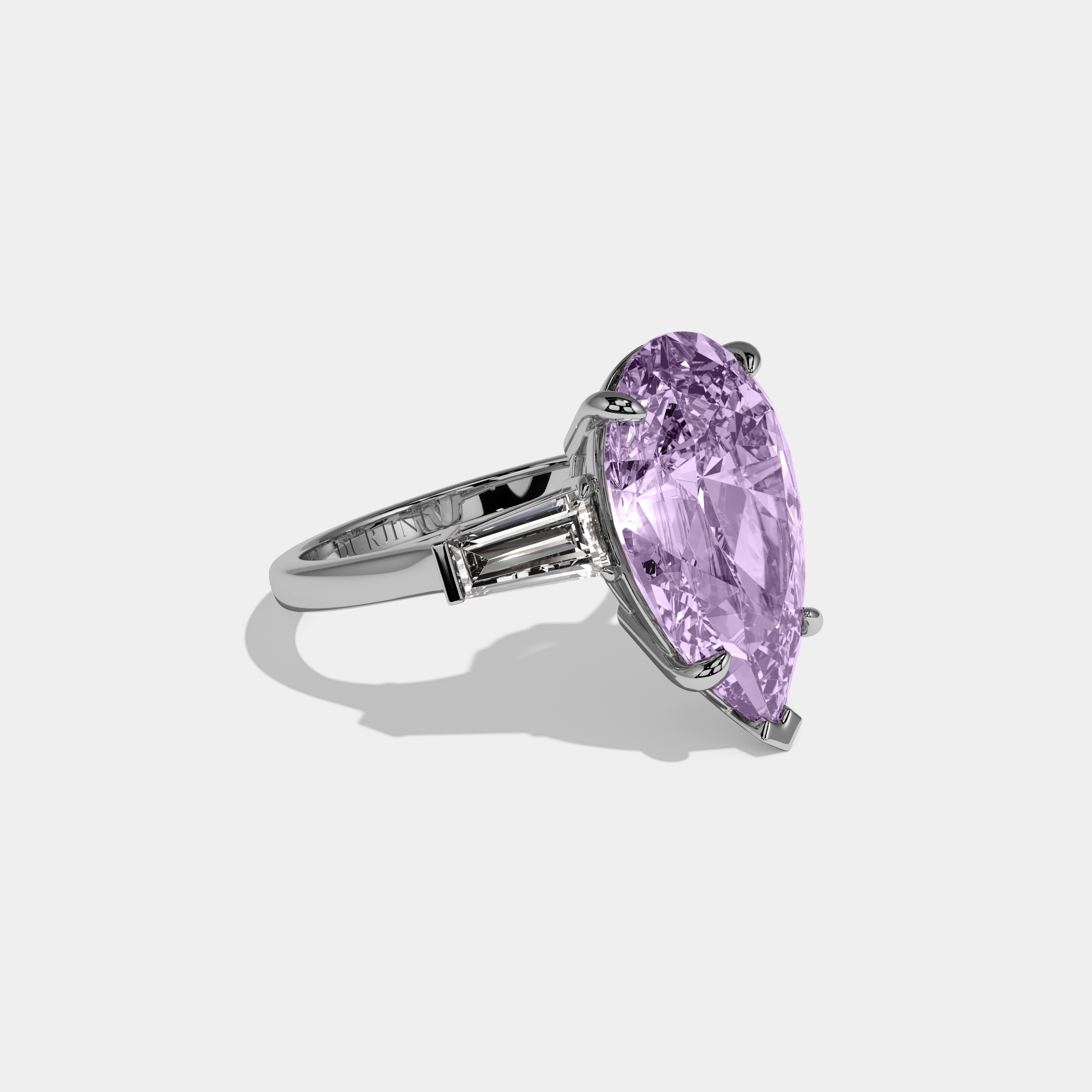 Elizabeth Fancy Purple Pear Cut Diamond Plain Band With Baguette Cut Sides Engagement Ring 8ct 18k White Gold