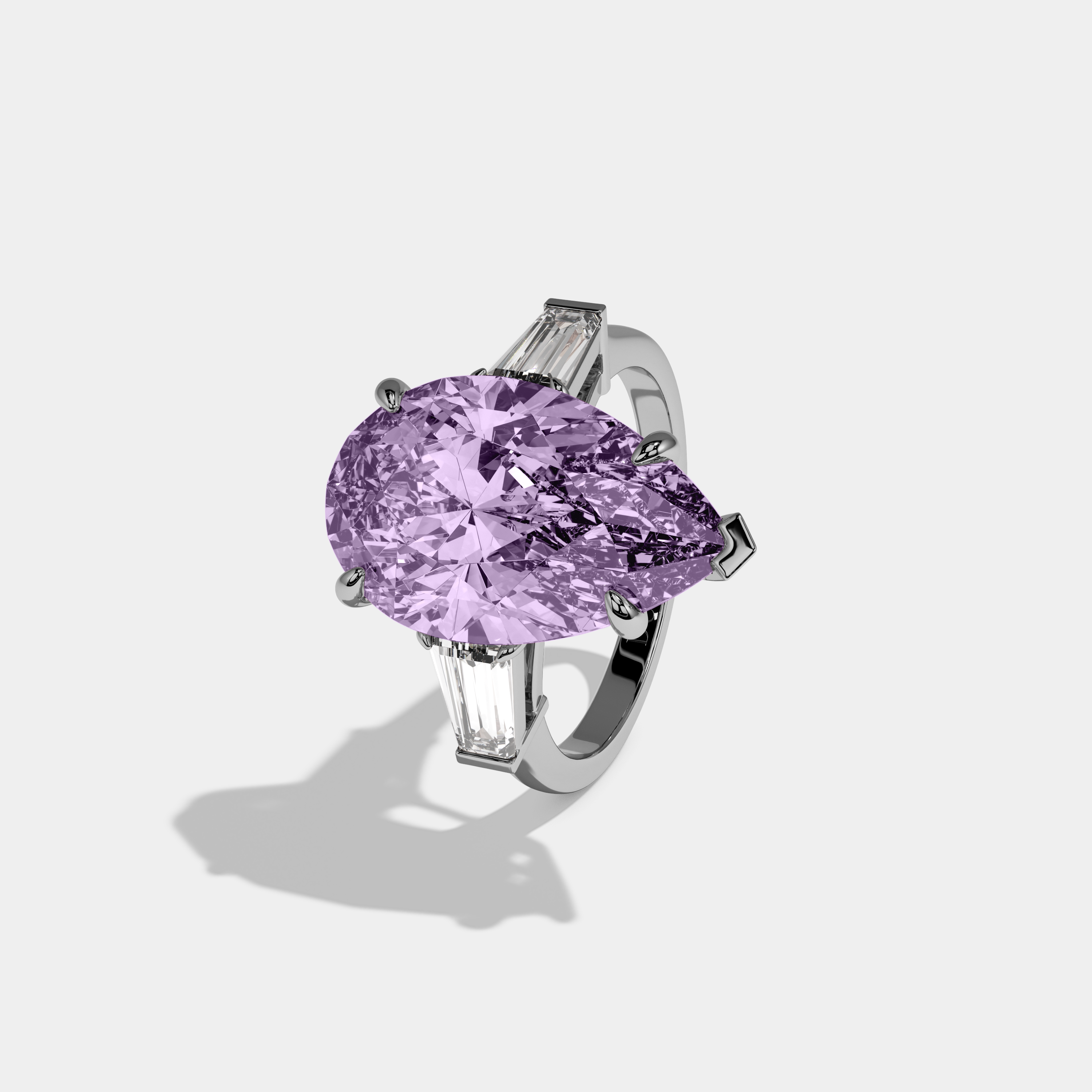 Elizabeth Fancy Purple Pear Cut Diamond Plain Band With Baguette Cut Sides Engagement Ring 8ct 18k White Gold