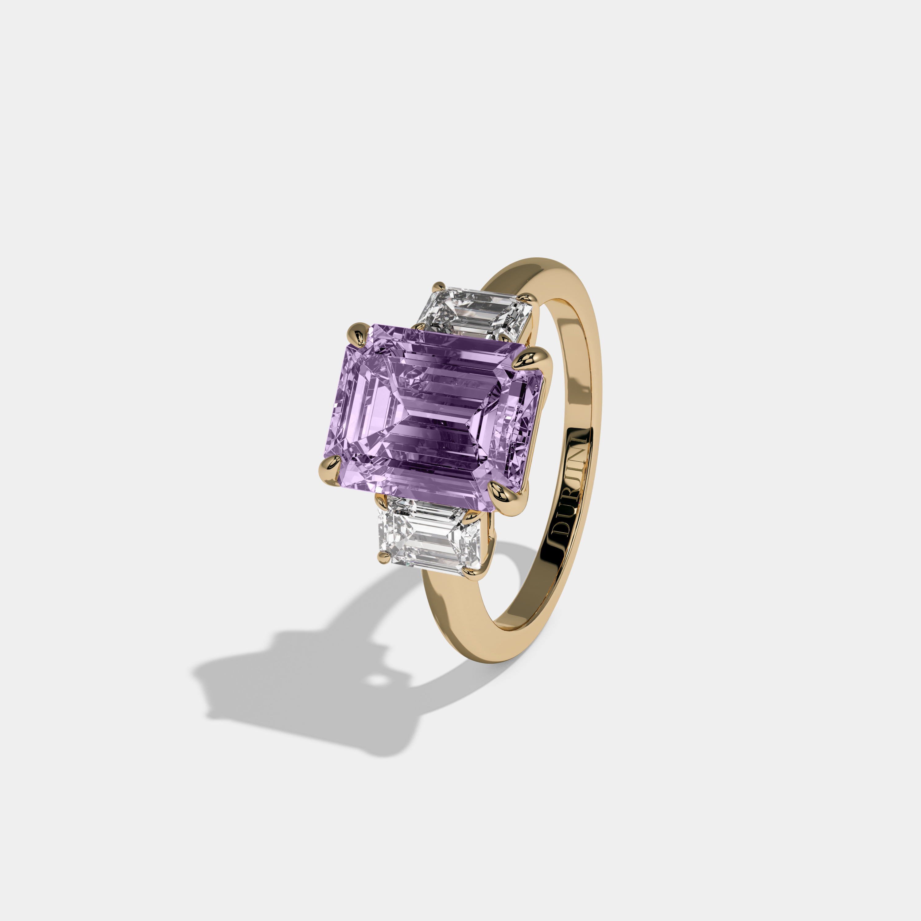 Margaret Fancy Purple Emerald Cut Diamond Plain Band With Emerald Cut Sides Engagement Ring 8ct 18k Yellow Gold