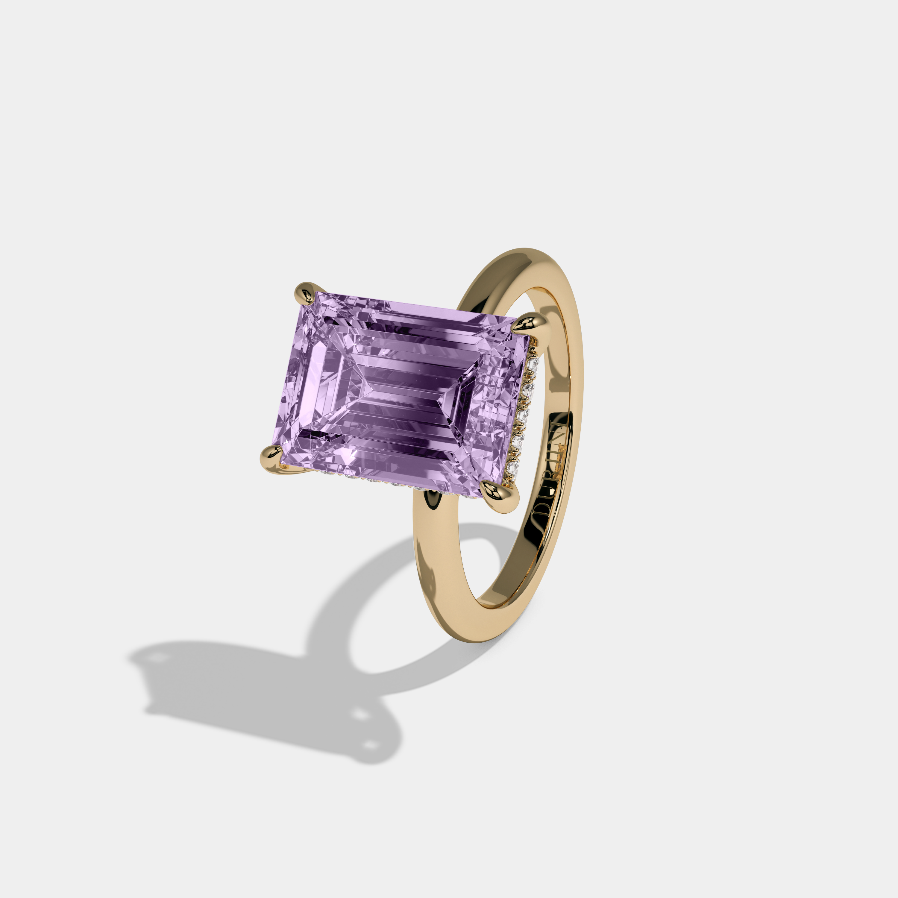 Catherine Fancy Purple Emerald Cut Diamond Plain Band Engagement Ring 6.5ct 18K Yellow Gold
