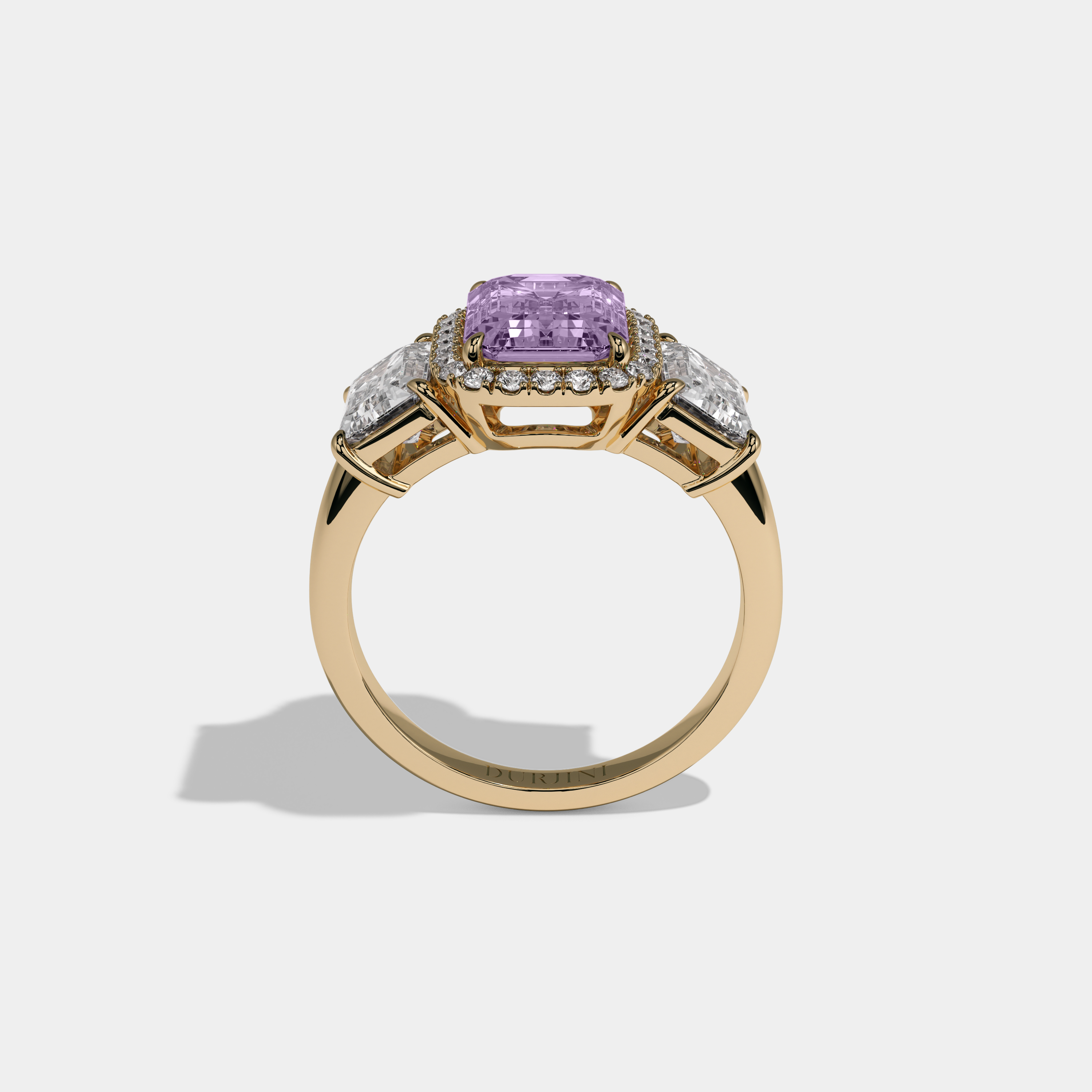 Diana Fancy Purple Emerald Cut Diamond Plain Band With Emerald Cut Sides Engagement Ring 8ct 18K Yellow Gold