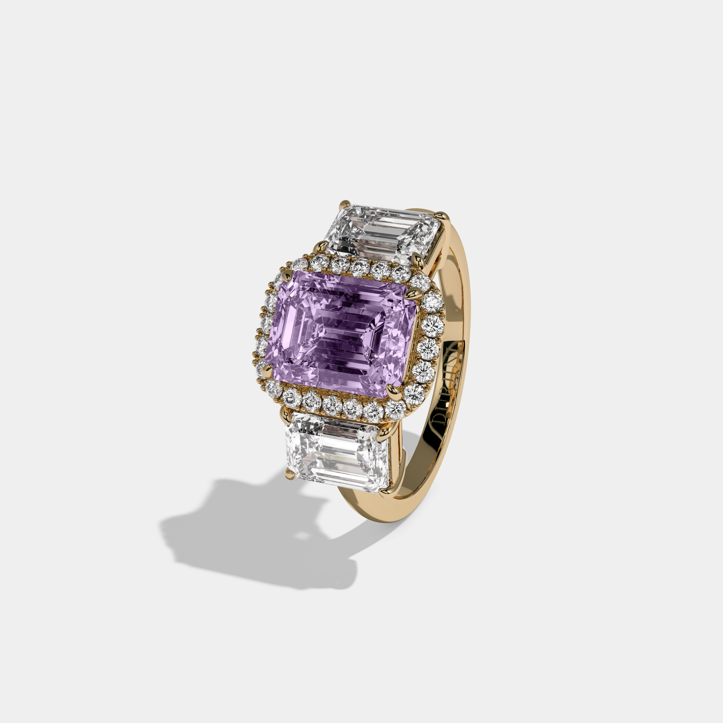 Diana Fancy Purple Emerald Cut Diamond Plain Band With Emerald Cut Sides Engagement Ring 8ct 18K Yellow Gold