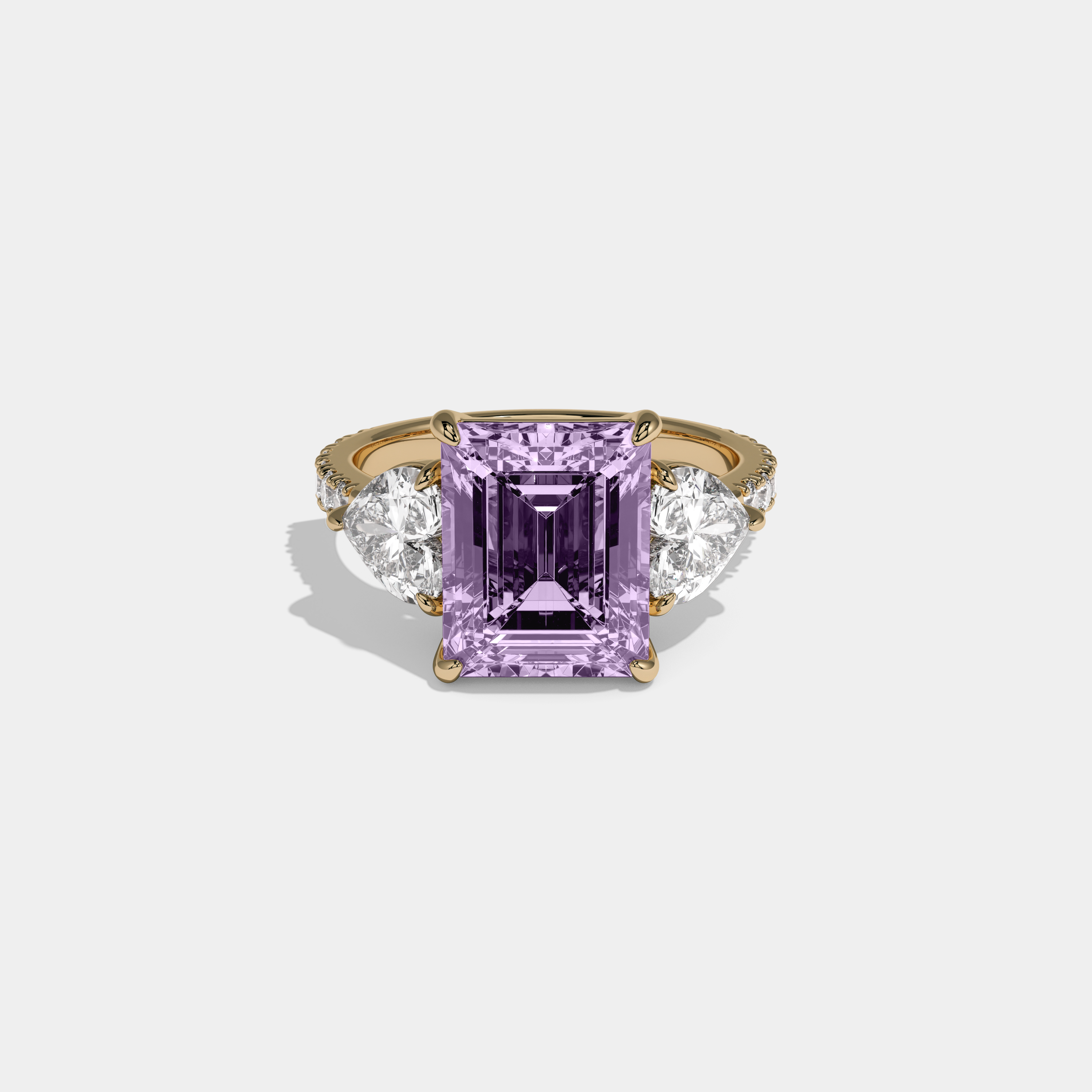 Eugenie Fancy Purple Emerald Cut Diamond Band With Heart Cut Sides Engagement Ring 8ct 18K Yellow Gold