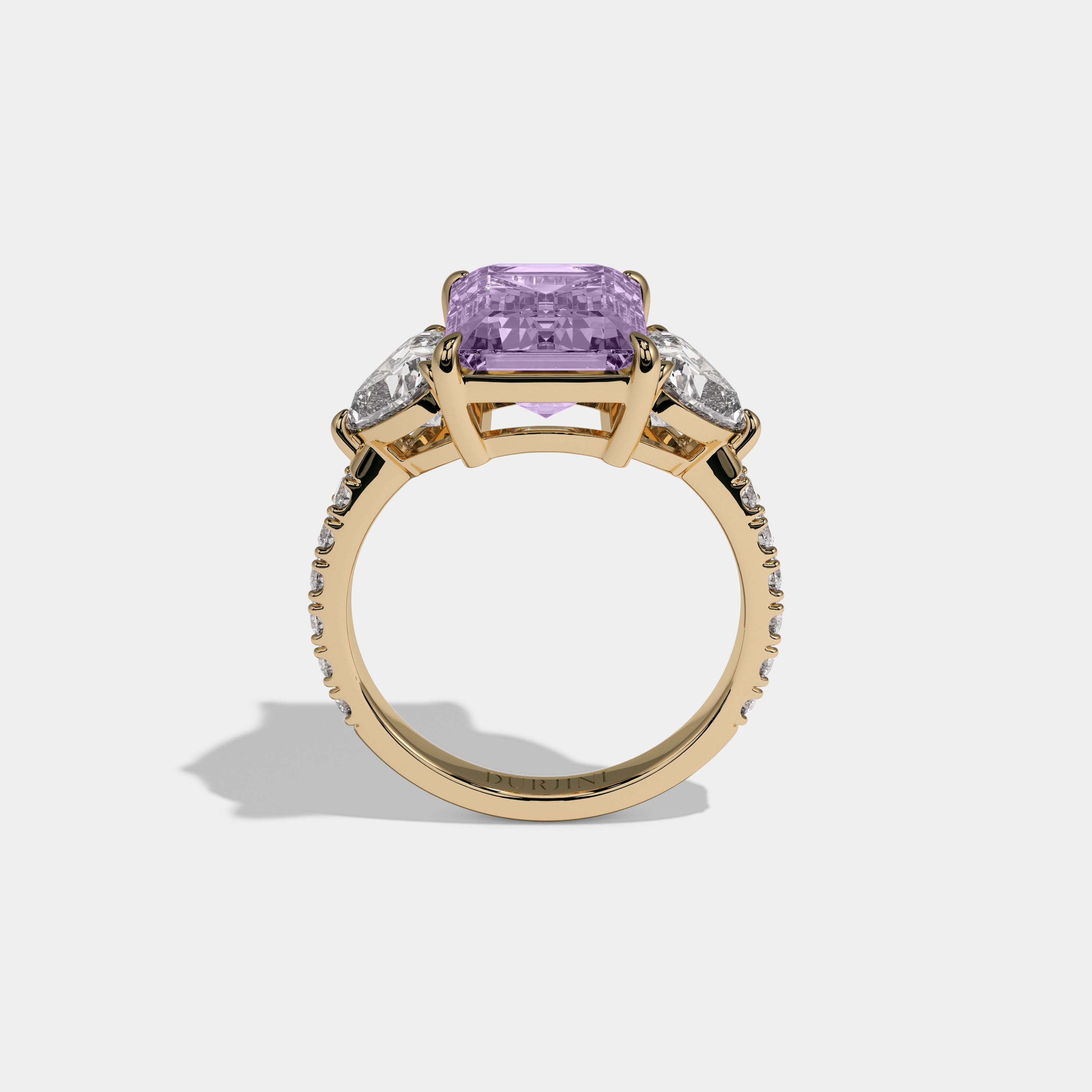 Eugenie Fancy Purple Emerald Cut Diamond Band With Heart Cut Sides Engagement Ring 8ct 18K Yellow Gold
