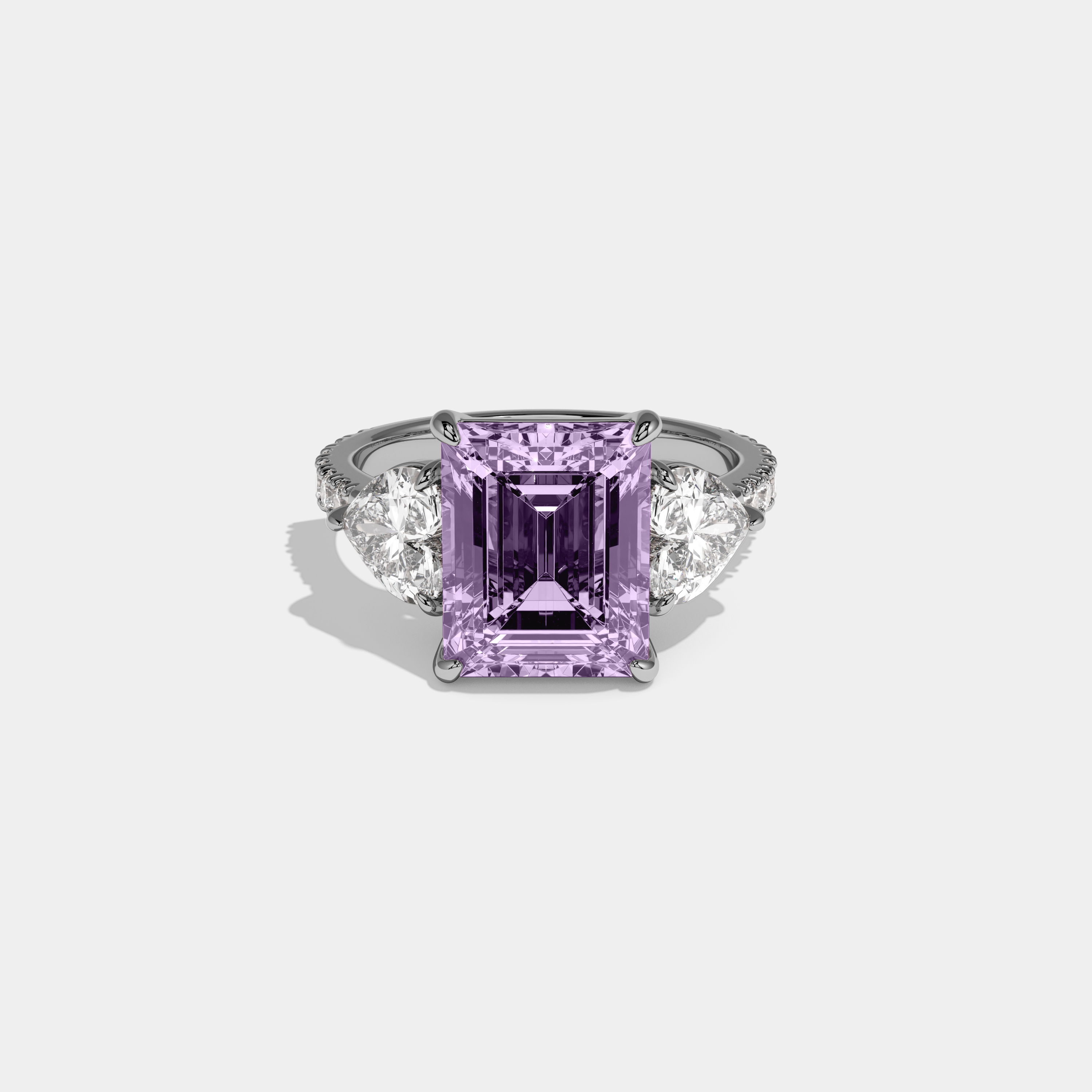 Matilda Fancy Purple Emerald Cut Diamond Band With Heart Cut Sides Engagement Ring 8ct 18K White Gold