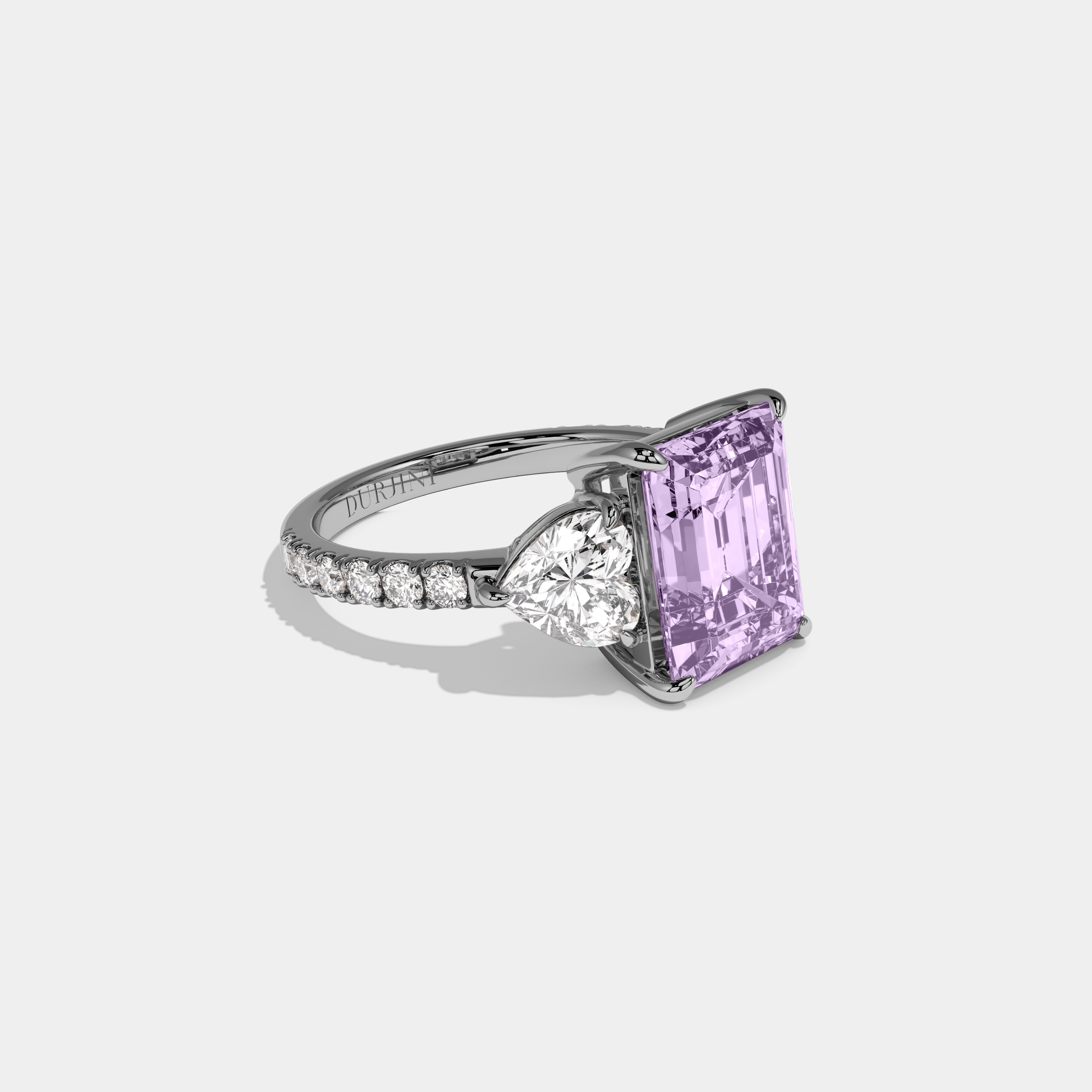 Matilda Fancy Purple Emerald Cut Diamond Band With Heart Cut Sides Engagement Ring 8ct 18K White Gold