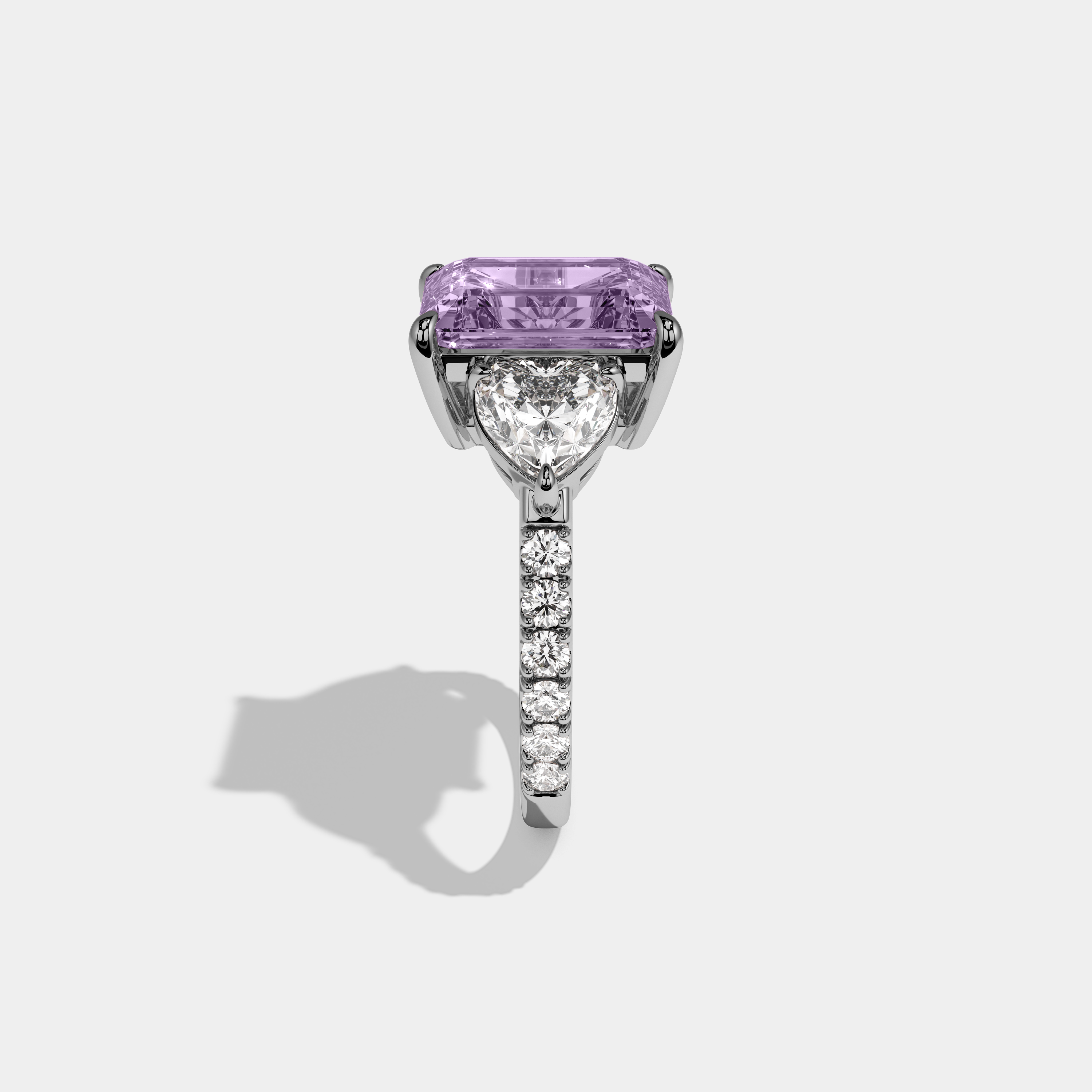 Matilda Fancy Purple Emerald Cut Diamond Band With Heart Cut Sides Engagement Ring 8ct 18K White Gold
