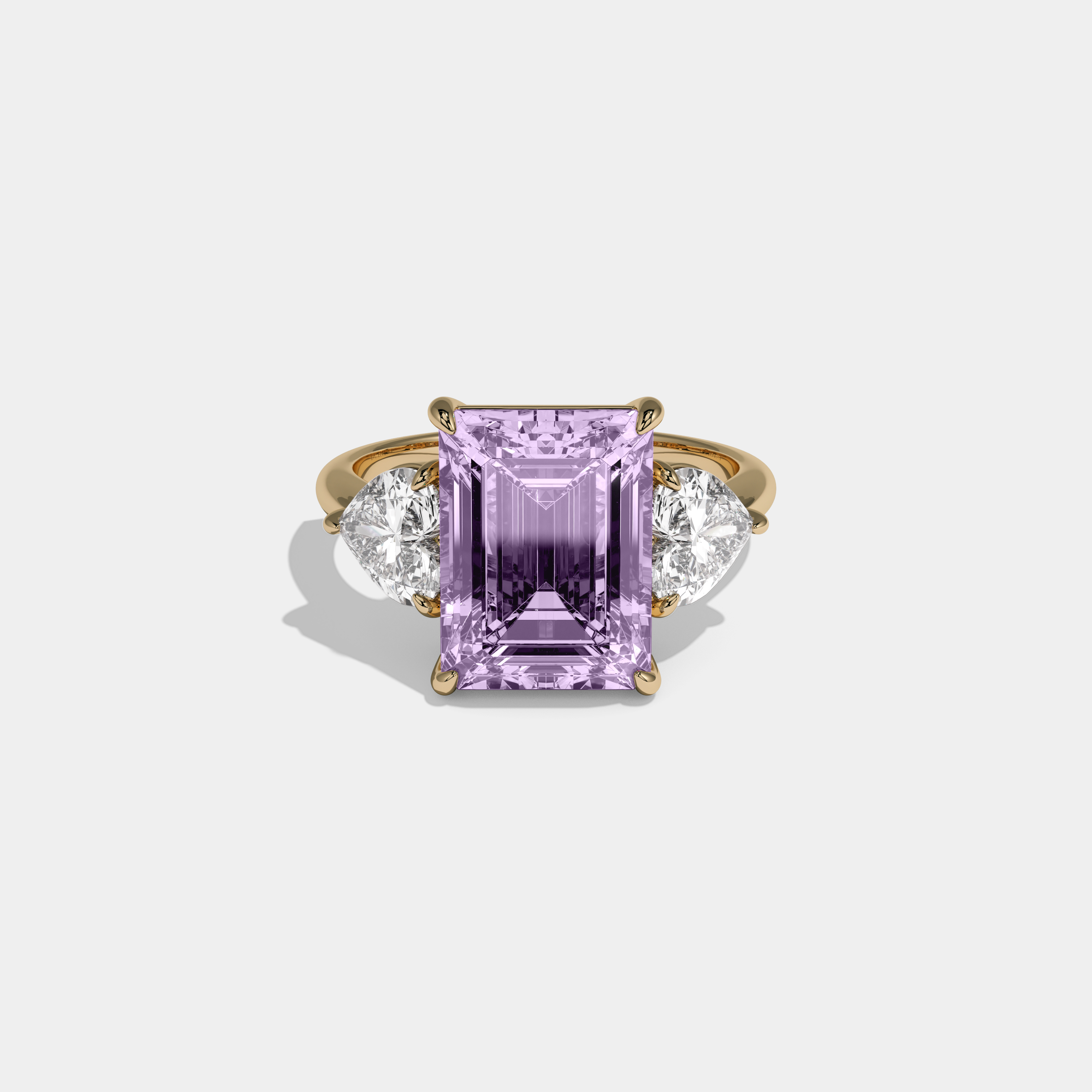 Eugenie Fancy Purple Emerald Cut Diamond Plain Band With Heart Cut Sides Engagement Ring 8ct 18K Yellow Gold