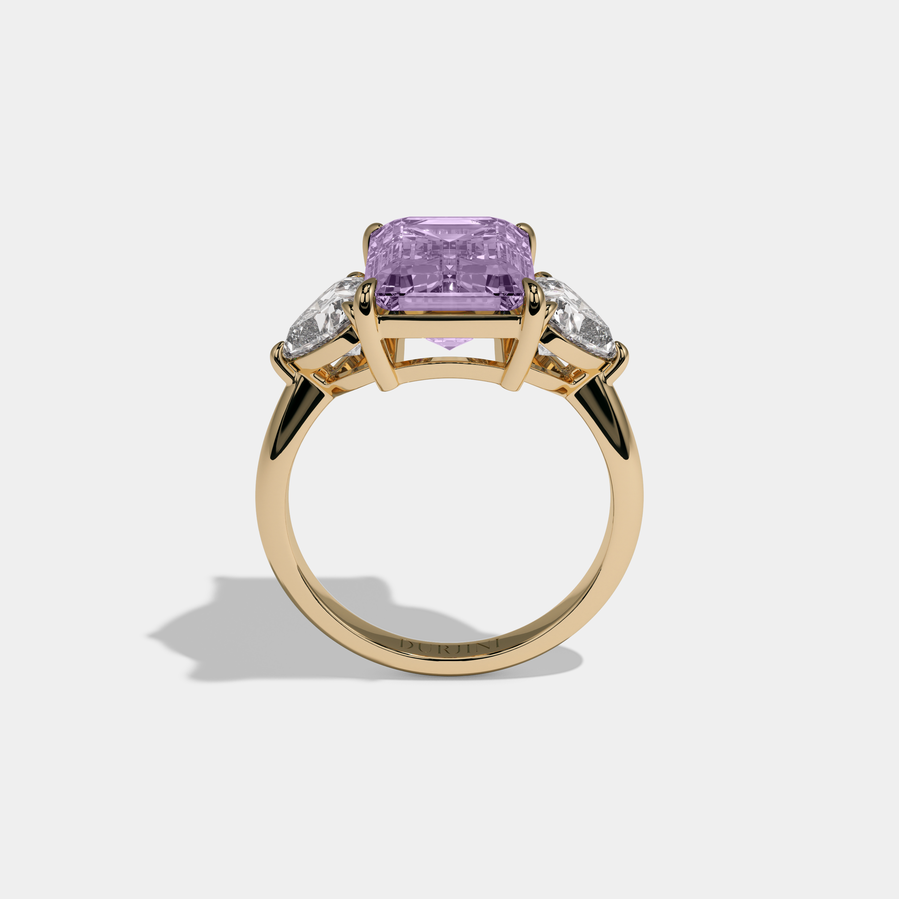 Eugenie Fancy Purple Emerald Cut Diamond Plain Band With Heart Cut Sides Engagement Ring 8ct 18K Yellow Gold