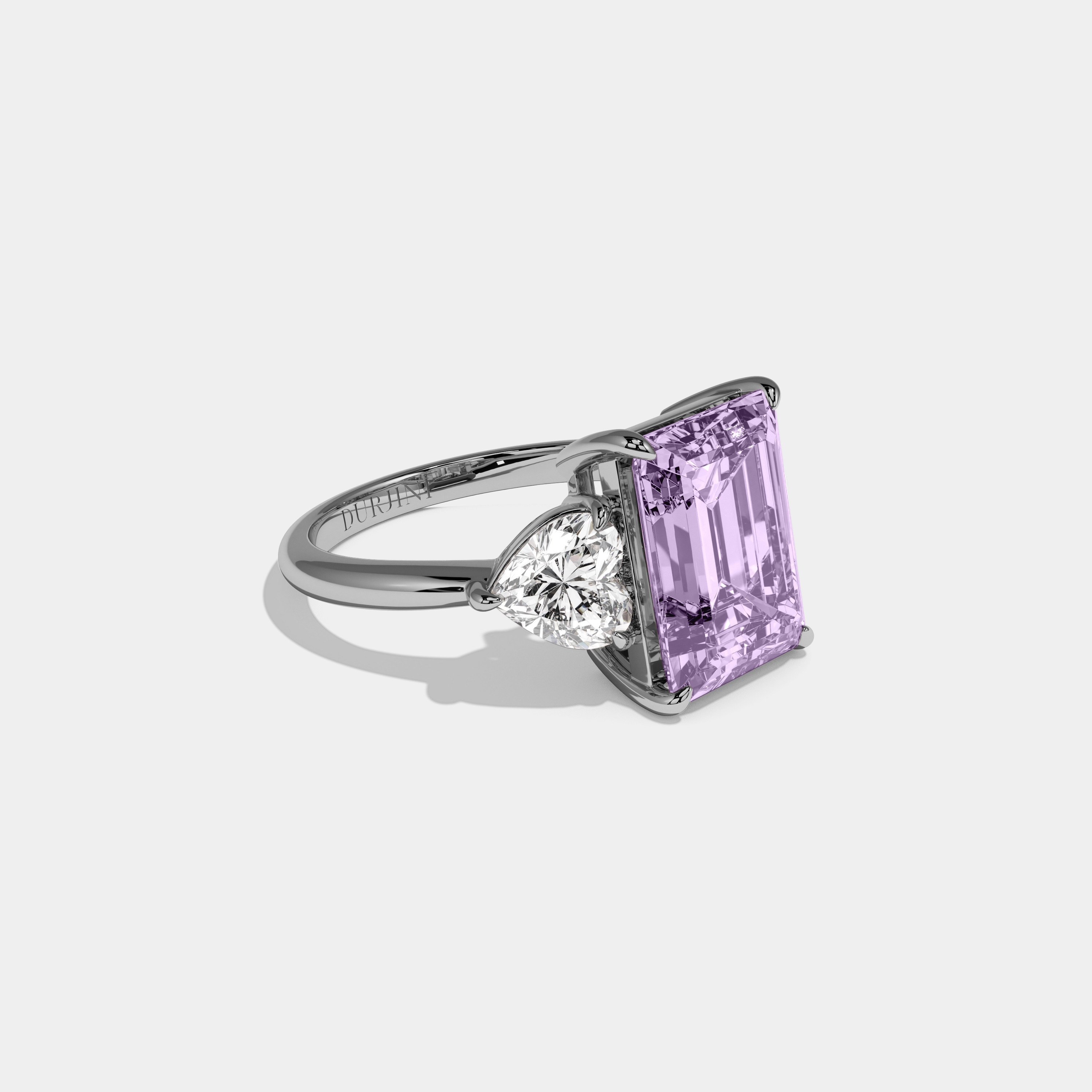 Matilda Fancy Purple Emerald Cut Diamond Plain Band With Heart Cut Sides Engagement Ring 8ct 18K White Gold