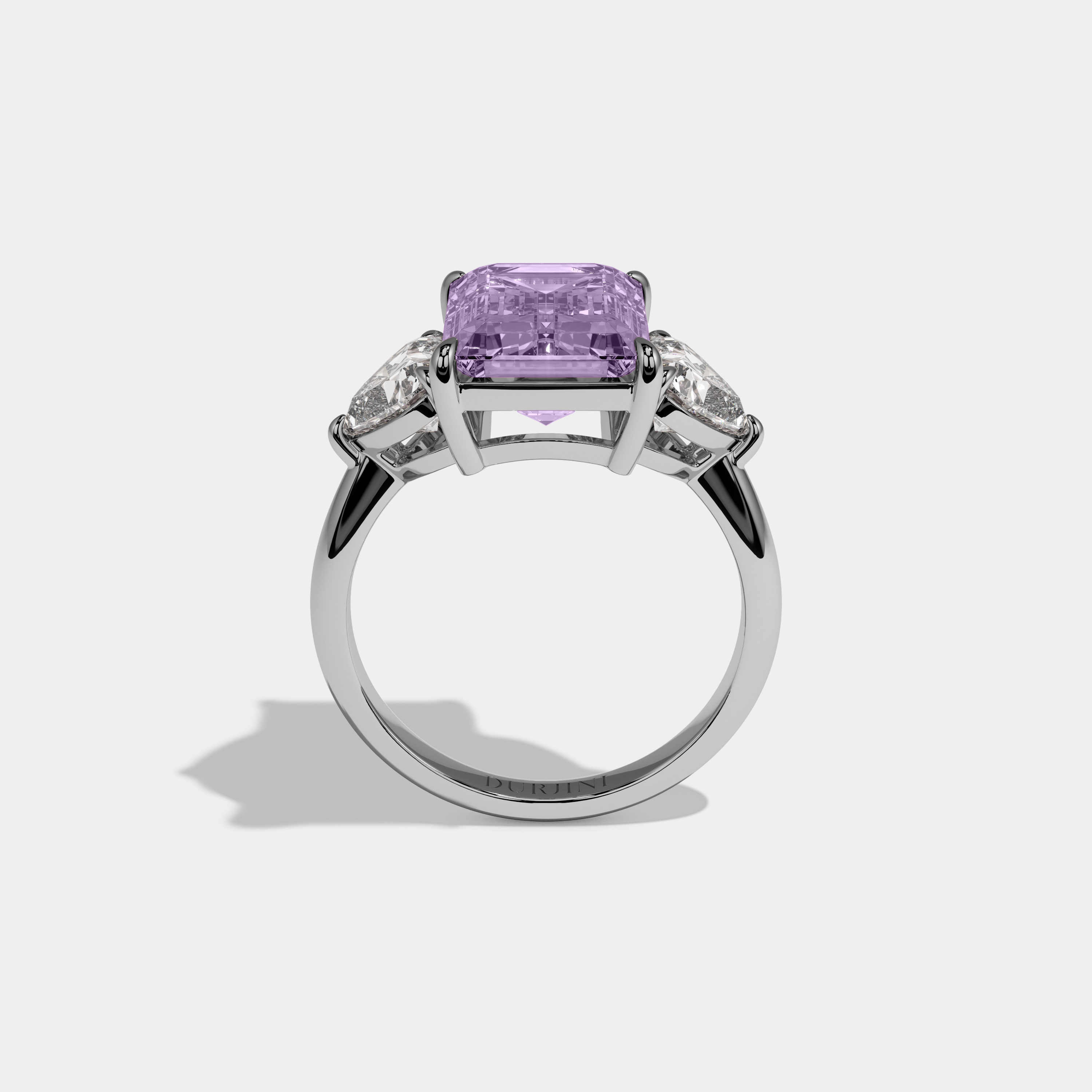 Matilda Fancy Purple Emerald Cut Diamond Plain Band With Heart Cut Sides Engagement Ring 8ct 18K White Gold