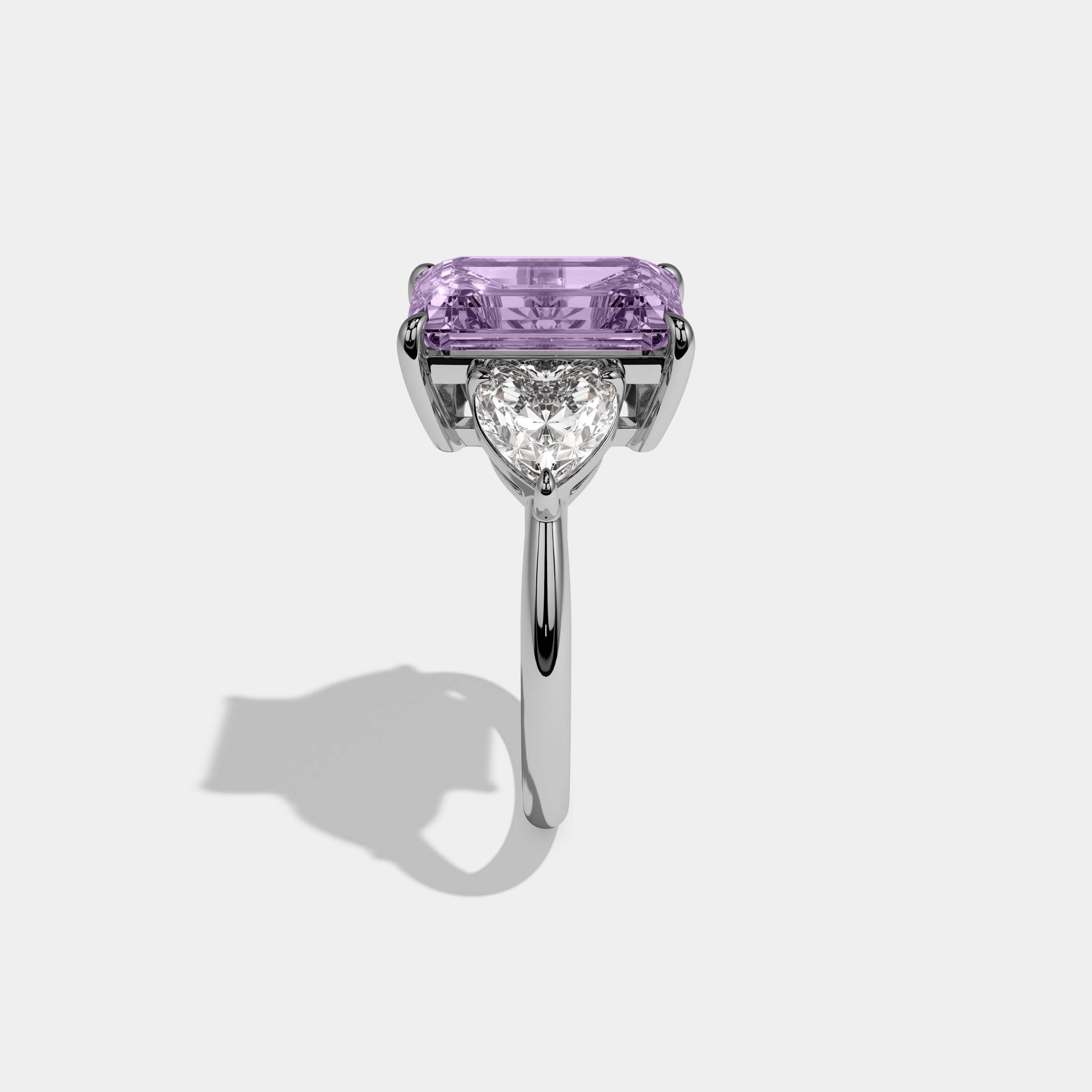 Matilda Fancy Purple Emerald Cut Diamond Plain Band With Heart Cut Sides Engagement Ring 8ct 18K White Gold