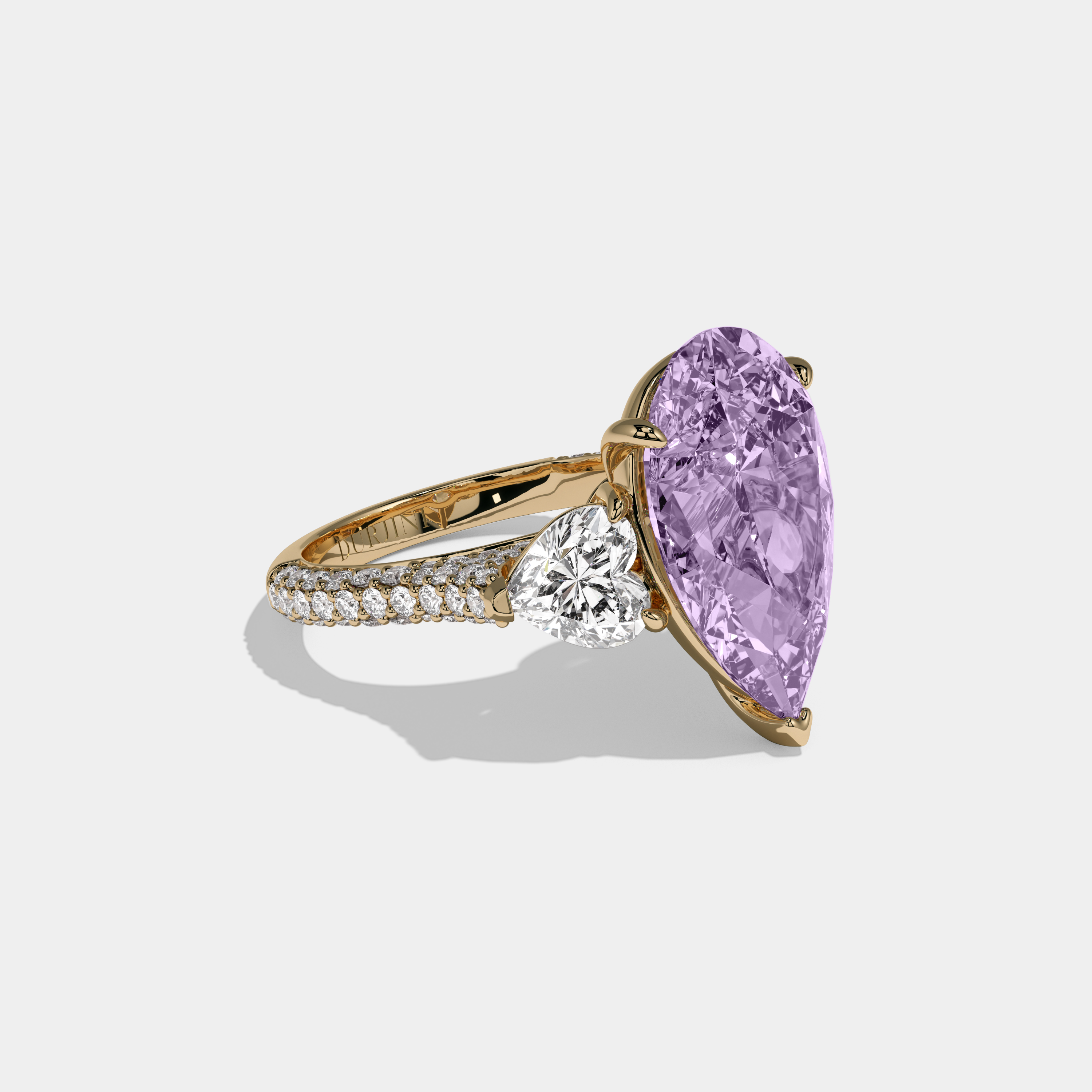 Catherine Fancy Purple Pear Cut Diamond Band With Heart Cut Sides Engagement Ring 9ct 18K Yellow Gold