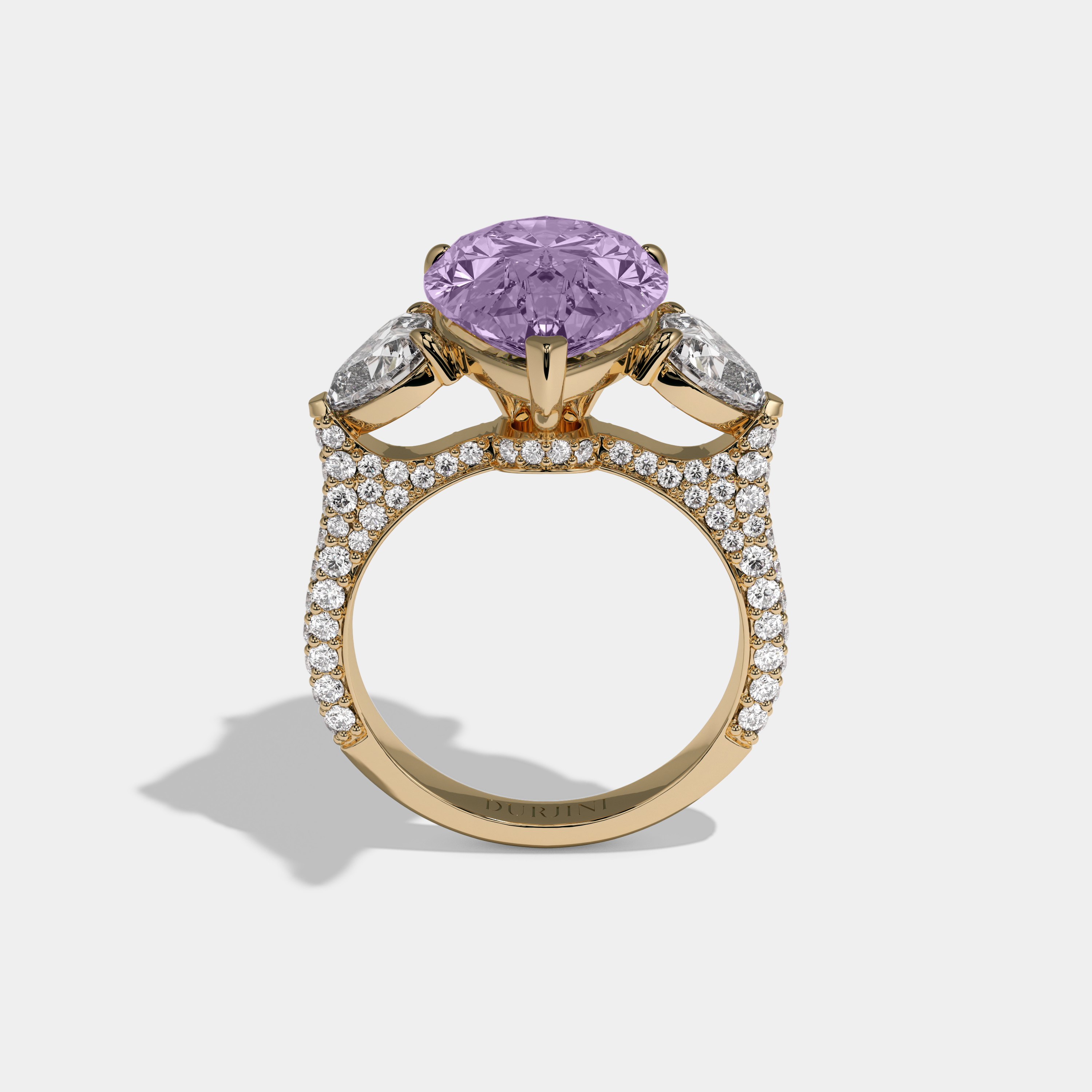 Catherine Fancy Purple Pear Cut Diamond Band With Heart Cut Sides Engagement Ring 9ct 18K Yellow Gold