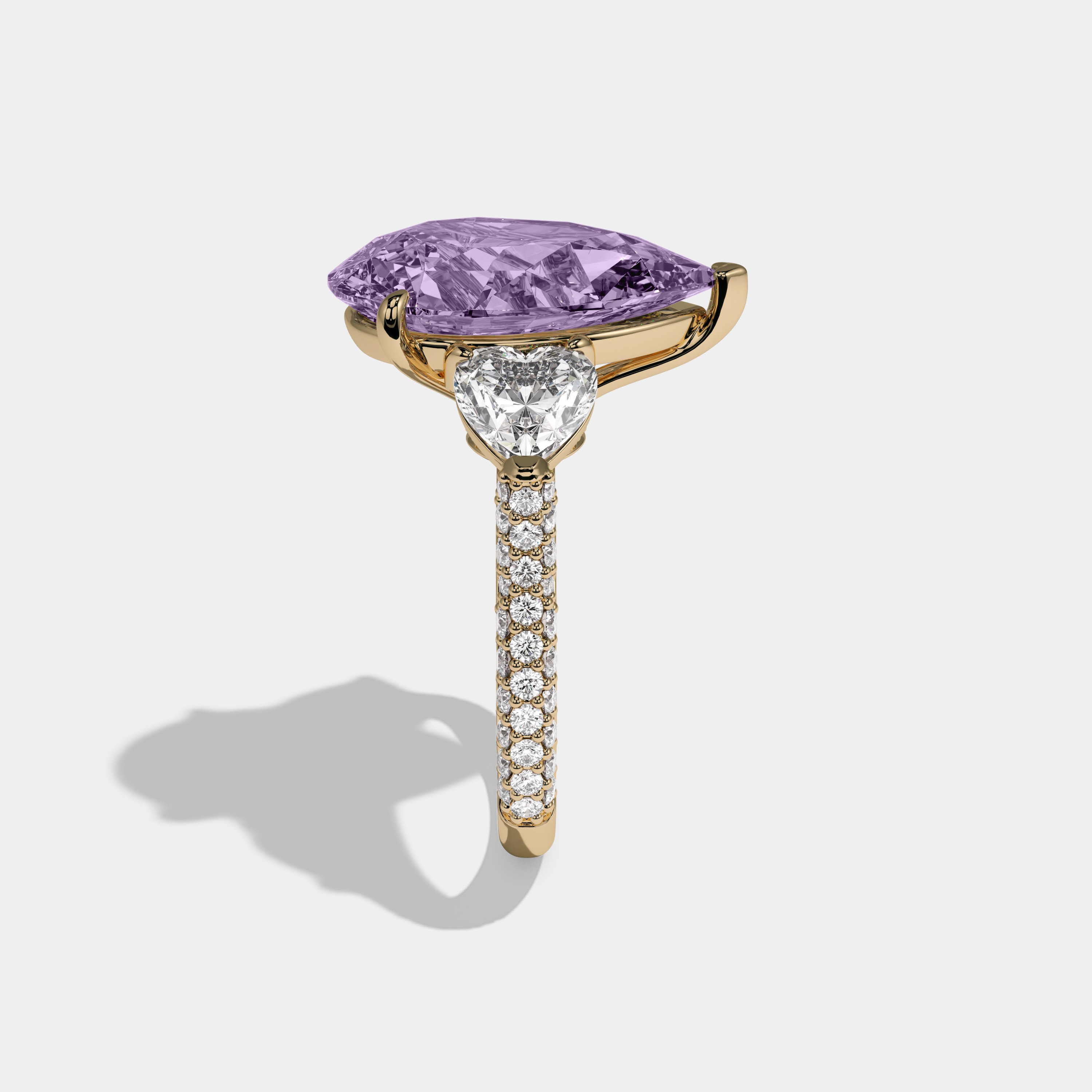Catherine Fancy Purple Pear Cut Diamond Band With Heart Cut Sides Engagement Ring 9ct 18K Yellow Gold
