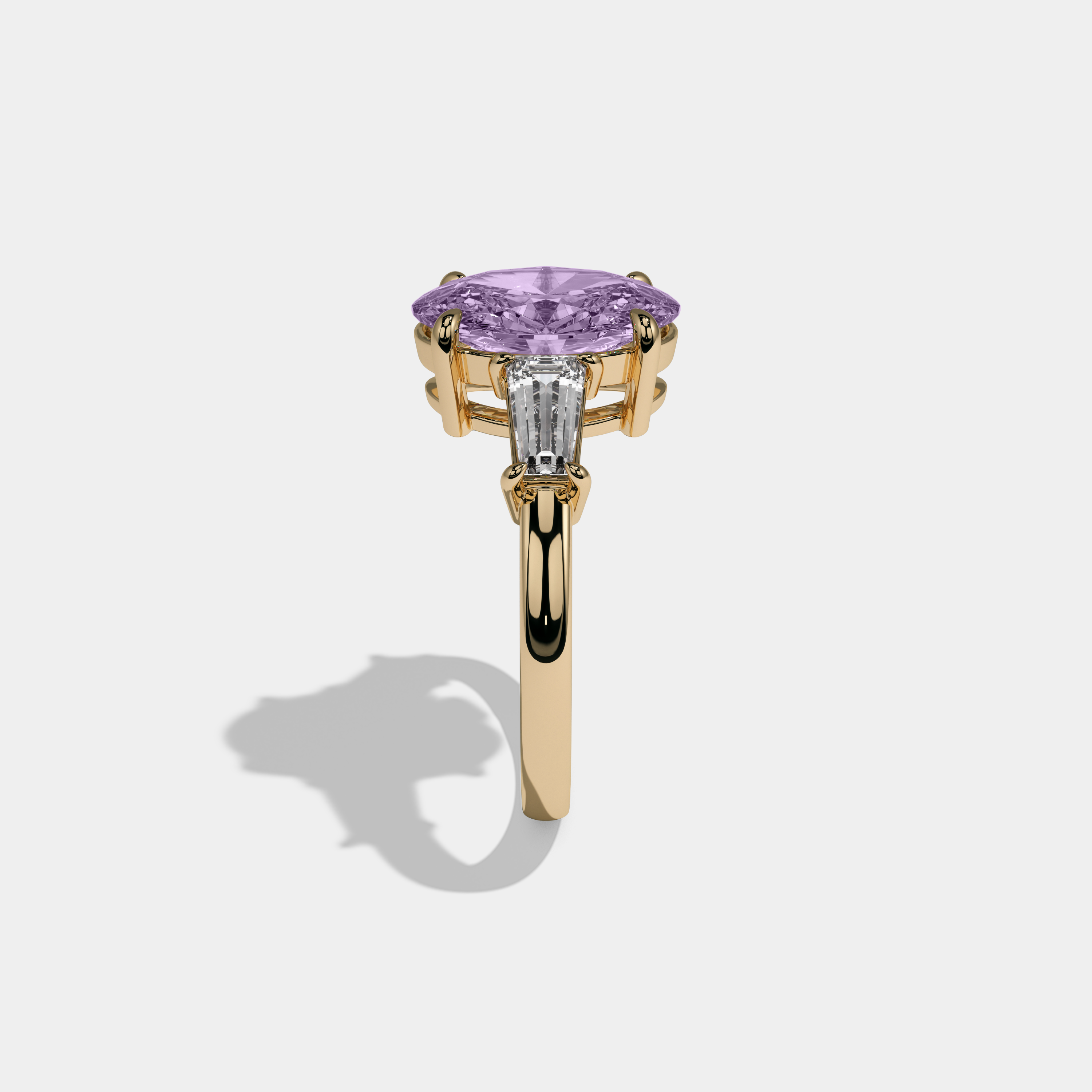 Eugenie Fancy Purple Oval Cut Diamond Plain Band Engagement Ring With Baguette Cut Sides 6ct 18K Yellow Gold