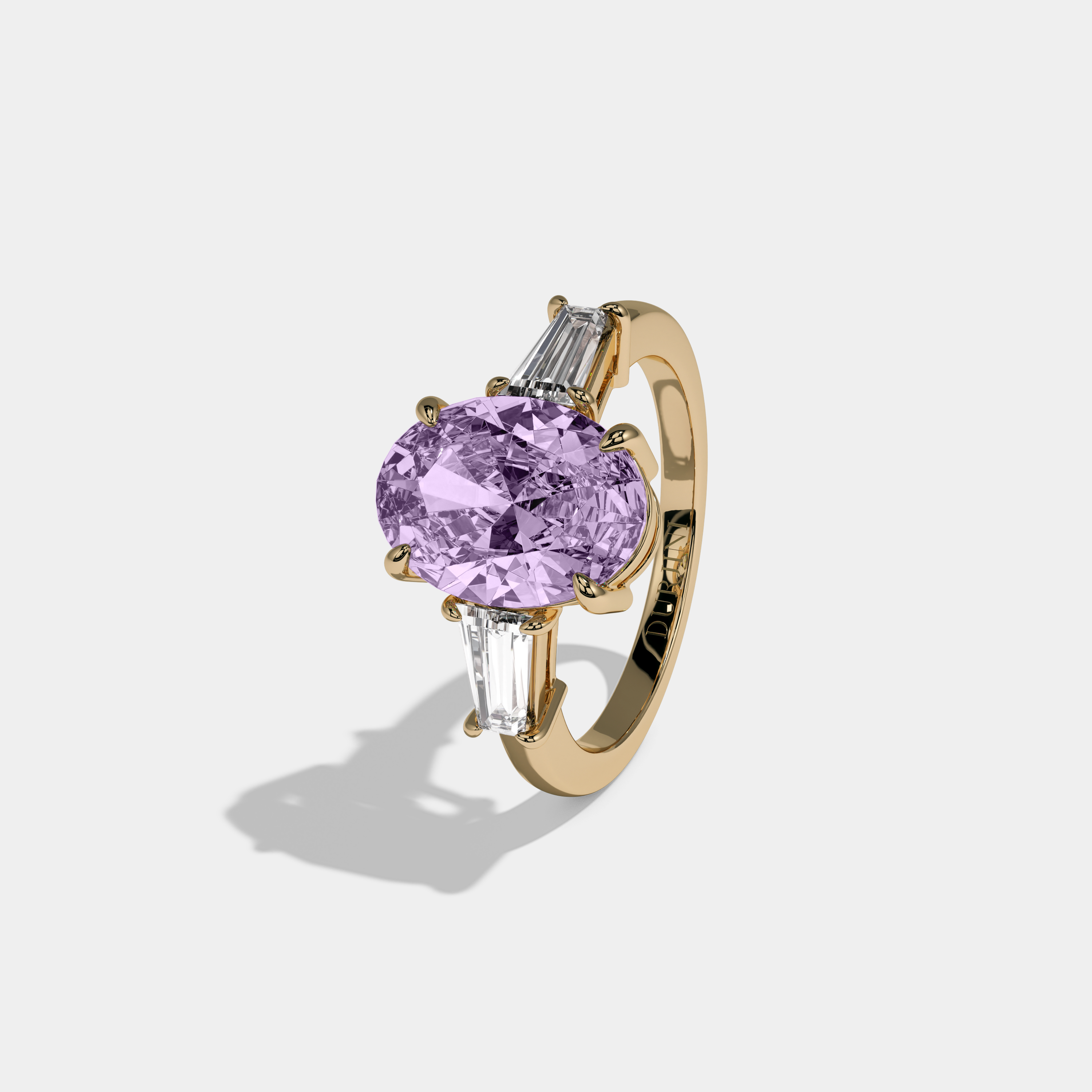 Eugenie Fancy Purple Oval Cut Diamond Plain Band Engagement Ring With Baguette Cut Sides 6ct 18K Yellow Gold