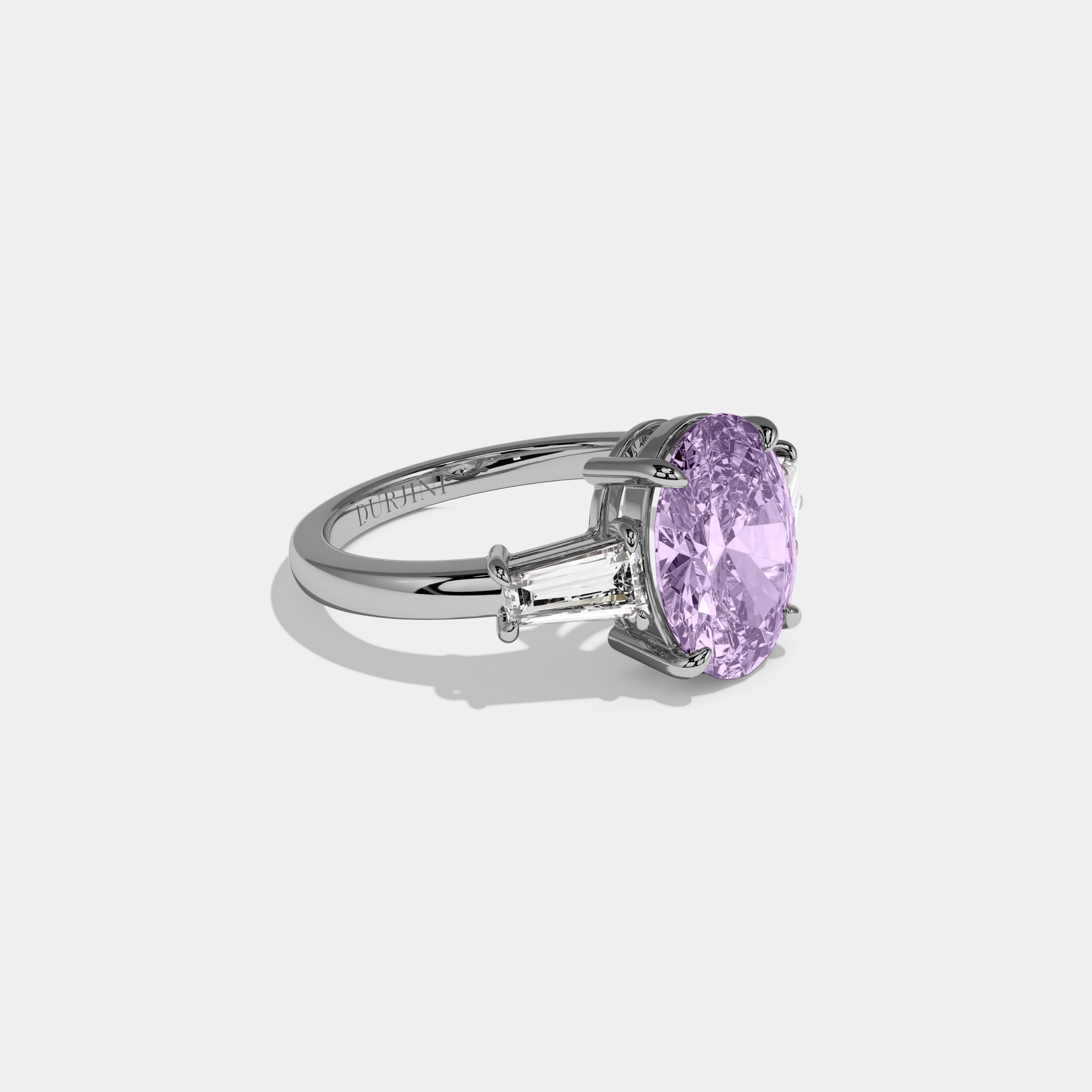 Matilda Fancy Purple Oval Cut Diamond Plain Band Engagement Ring With Baguette Cut Sides 6ct 18K White Gold