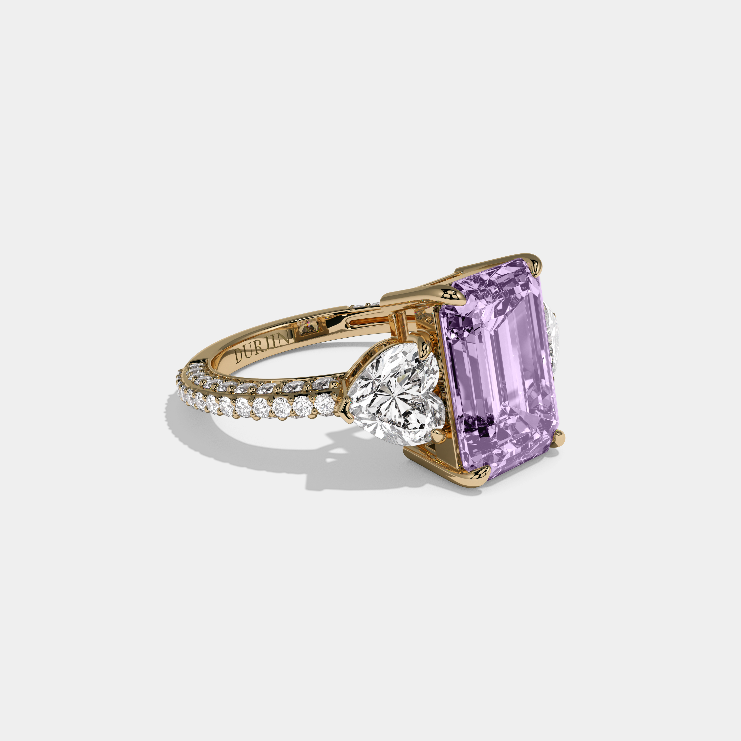 Eugenie Fancy Purple Emerald Cut Diamond Band With Heart Cut Sides Engagement Ring 8ct 18K Yellow Gold