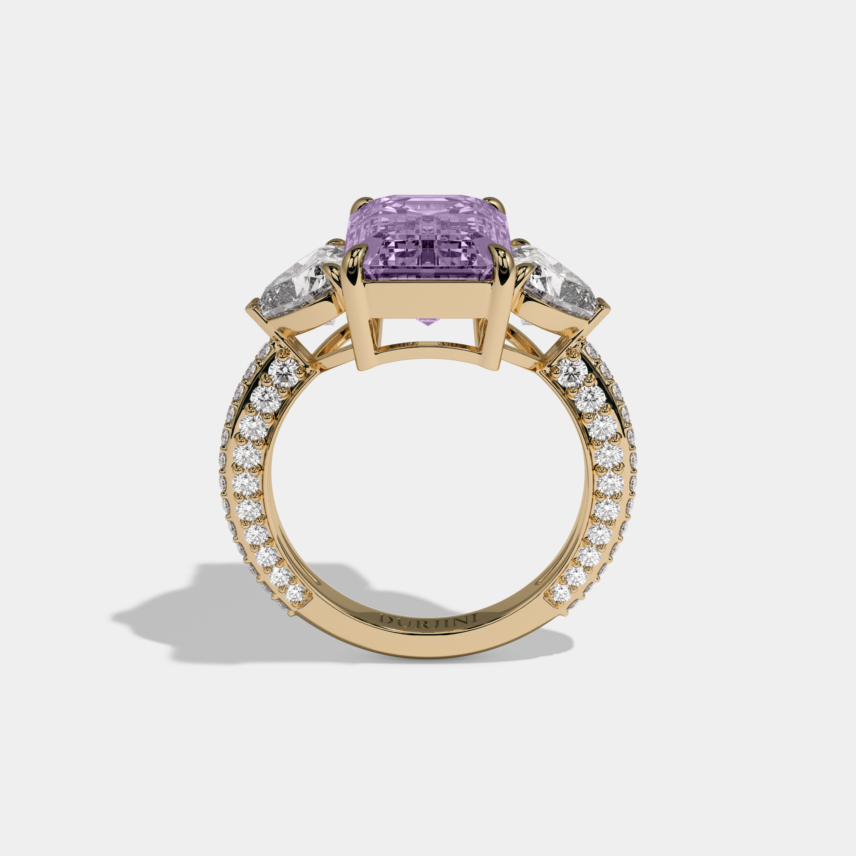 Eugenie Fancy Purple Emerald Cut Diamond Band With Heart Cut Sides Engagement Ring 8ct 18K Yellow Gold
