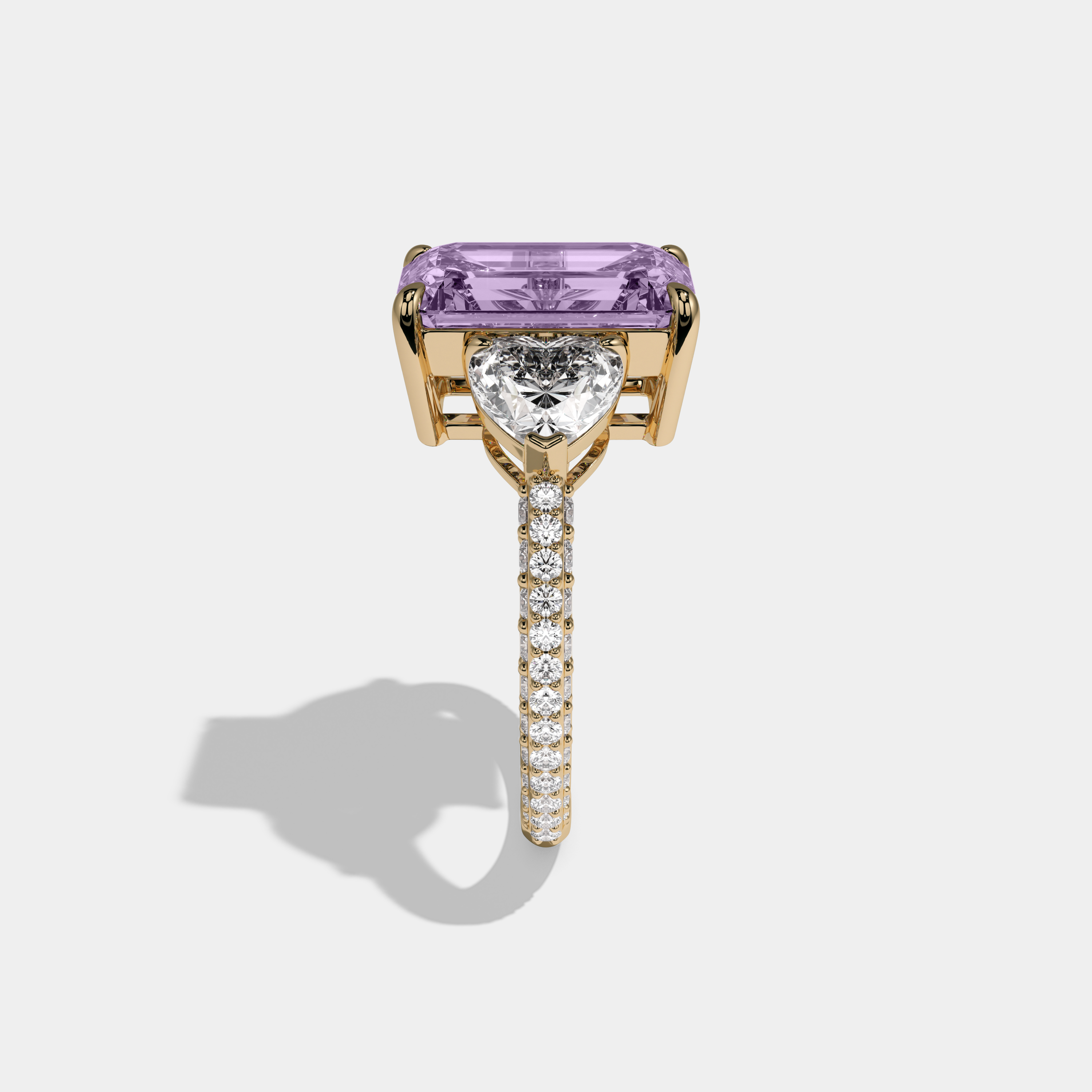 Eugenie Fancy Purple Emerald Cut Diamond Band With Heart Cut Sides Engagement Ring 8ct 18K Yellow Gold