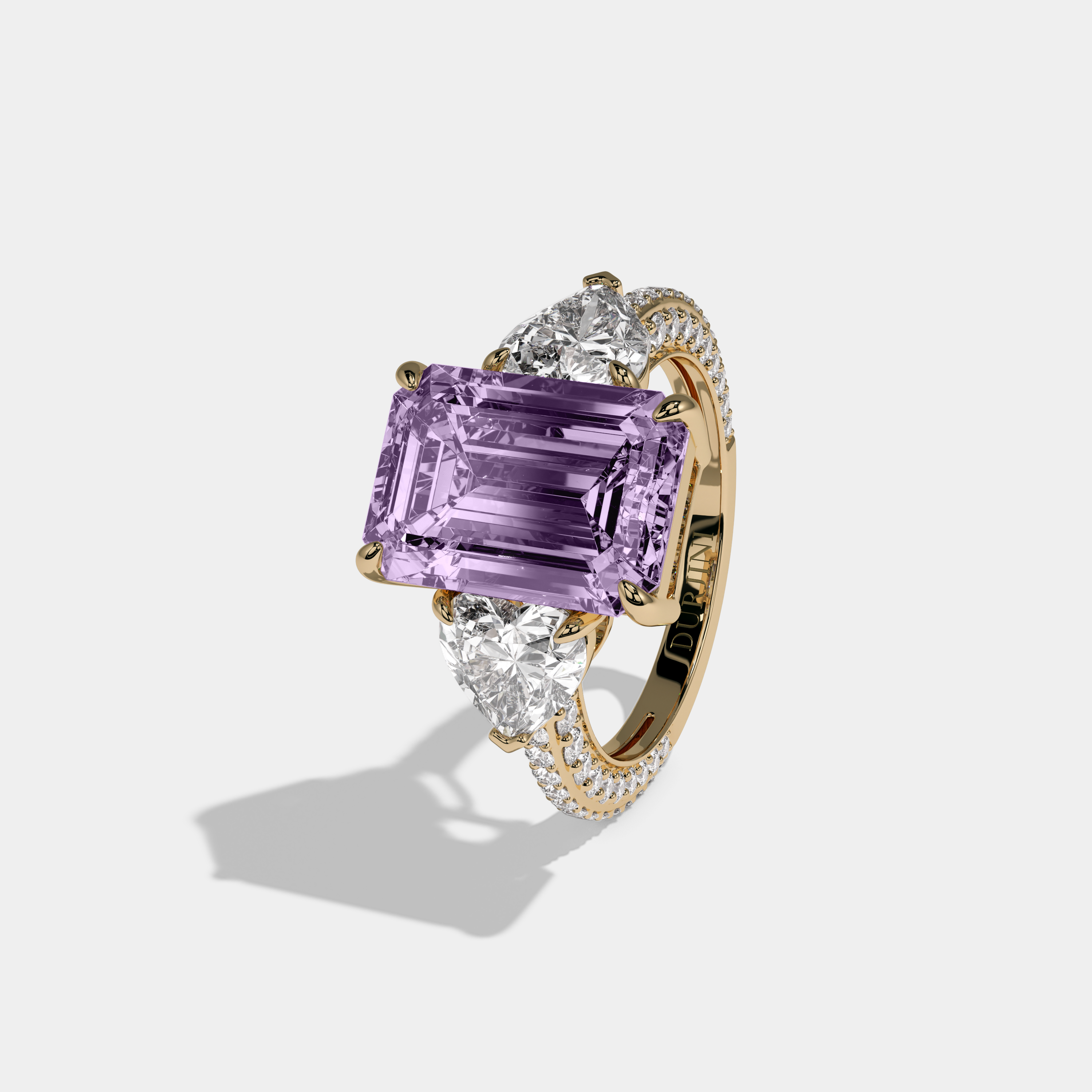 Eugenie Fancy Purple Emerald Cut Diamond Band With Heart Cut Sides Engagement Ring 8ct 18K Yellow Gold