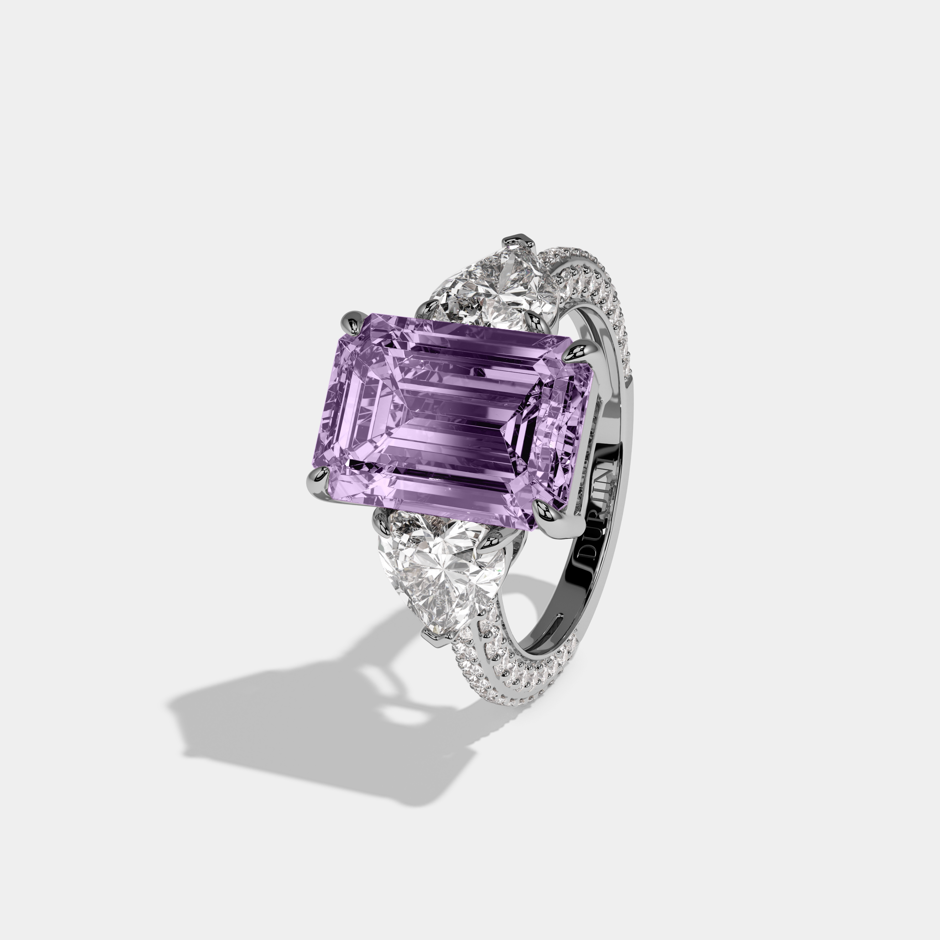 Matilda Fancy Purple Emerald Cut Diamond Band With Heart Cut Sides Engagement Ring 8ct 18K White Gold
